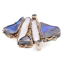 Vintage Janet Sherman Sterling Silver 14k Gold Black Opal & Pearl Brooch Pendentif