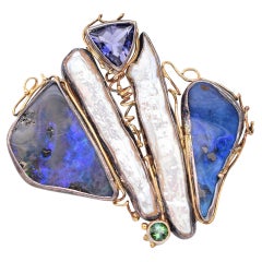 Vintage Janet Sherman Sterling Silver 14k Gold Black Opal & Pearl Brooch Pendant