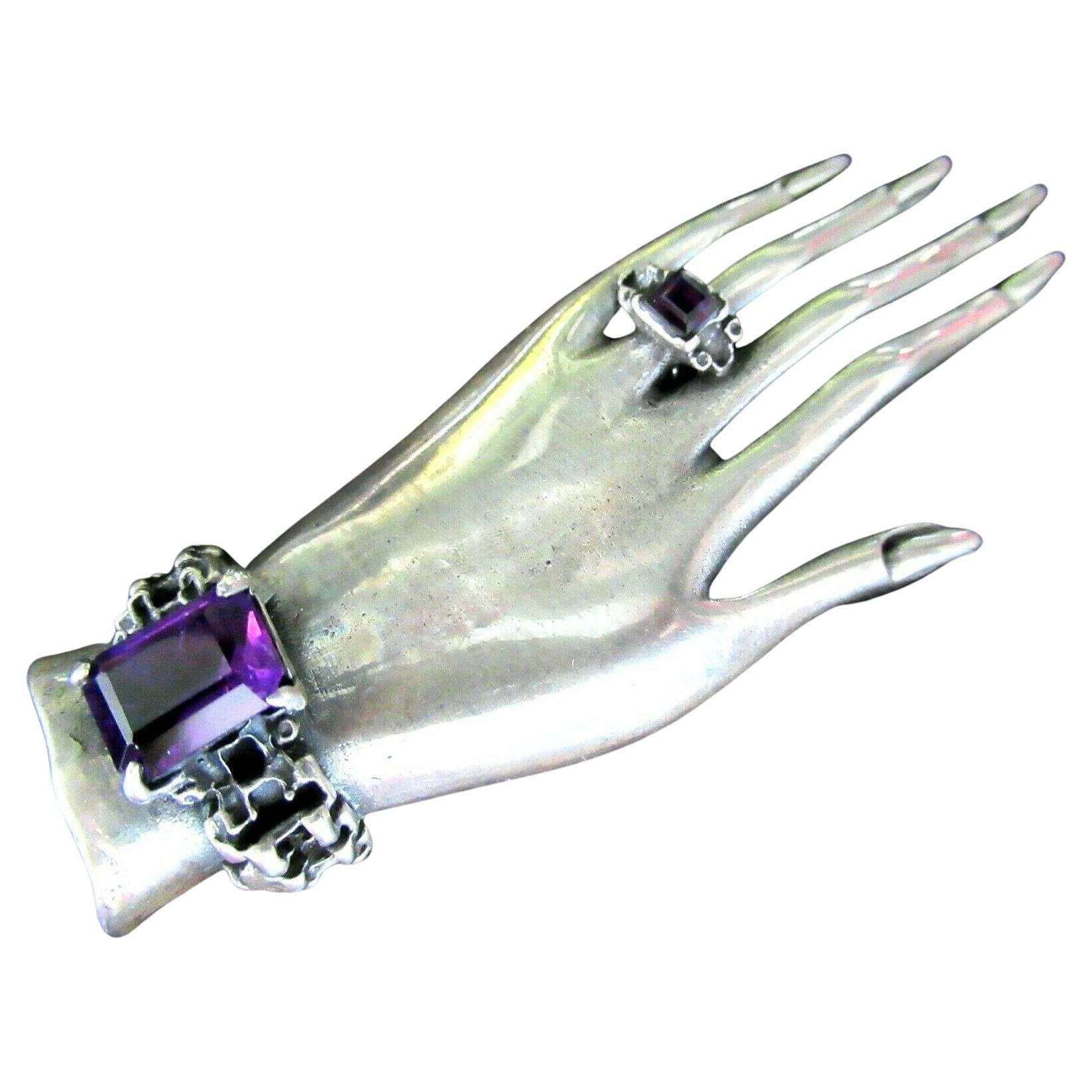 Vintage Janice Girardi Signed JGD Amethyst Sterling Silver Hand Brooch Pin