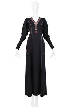 Vintage Janice Wainwright Black Embroidered Art Deco Maxi Gown
