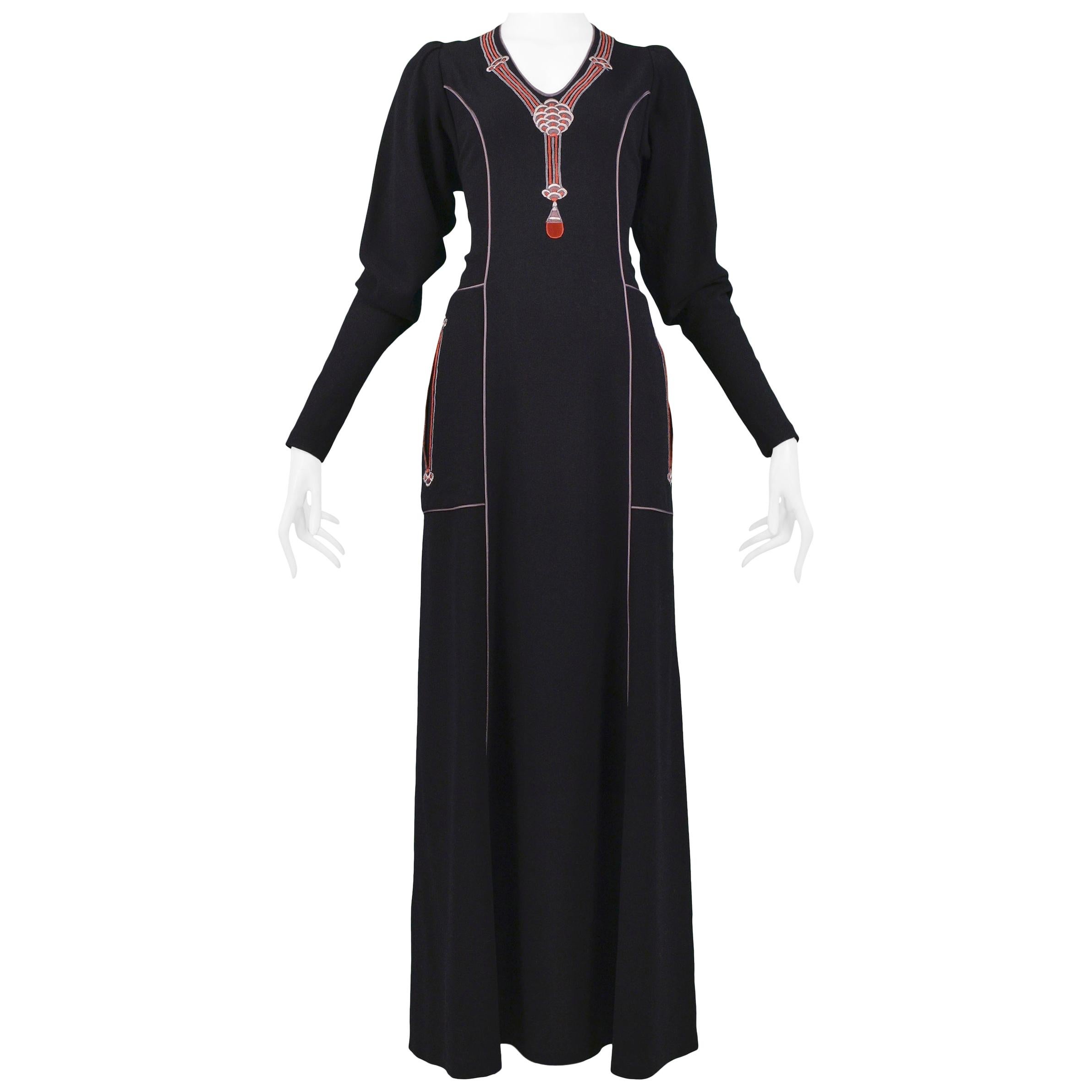 Vintage Janice Wainwright Black Embroidered Art Deco Maxi Gown