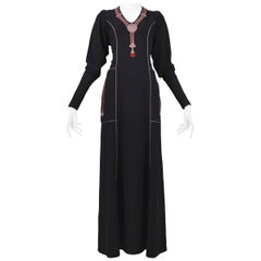 Retro Janice Wainwright Black Embroidered Art Deco Maxi Gown