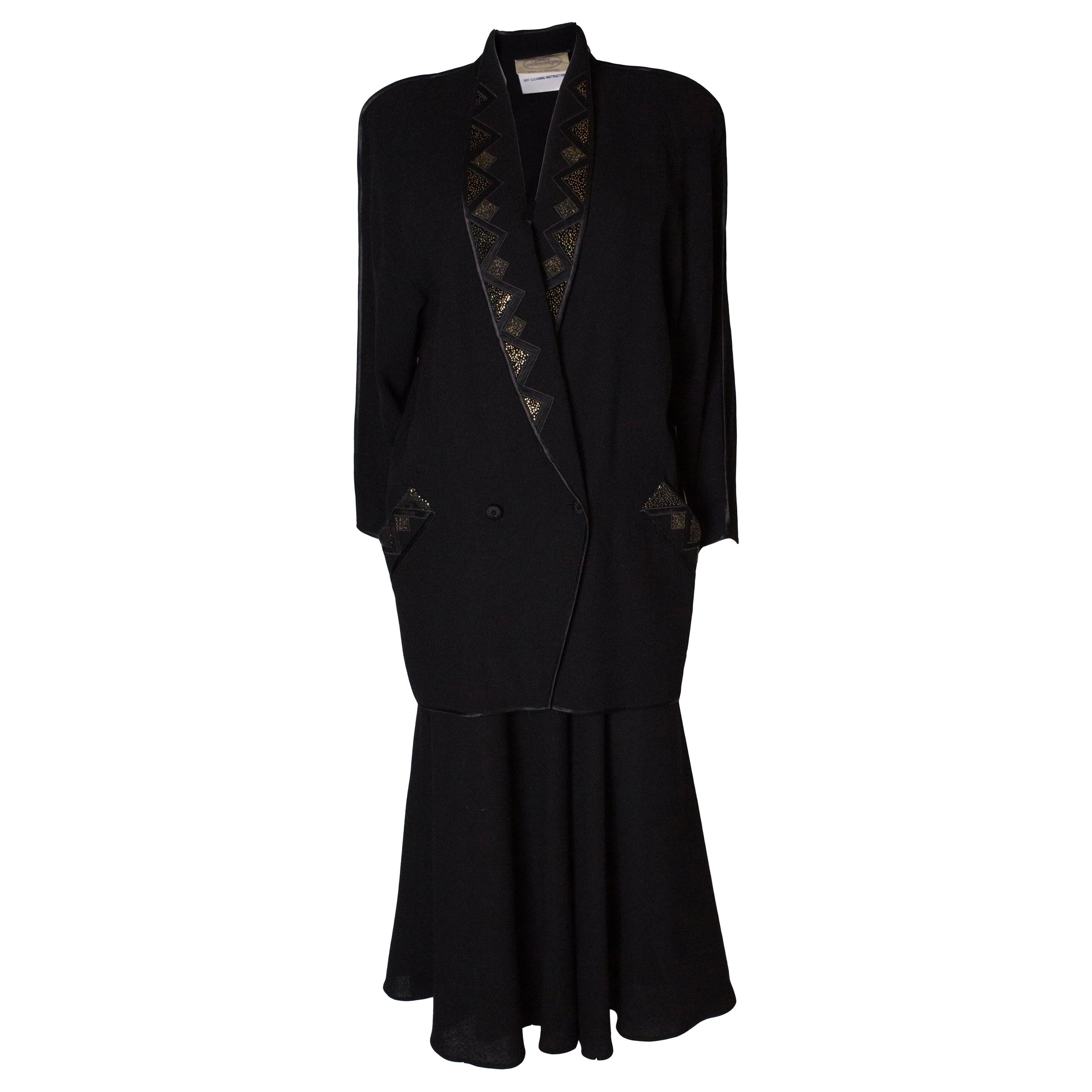  Vintage Janice Wainwright Black Wool Crepe Skirt Suit