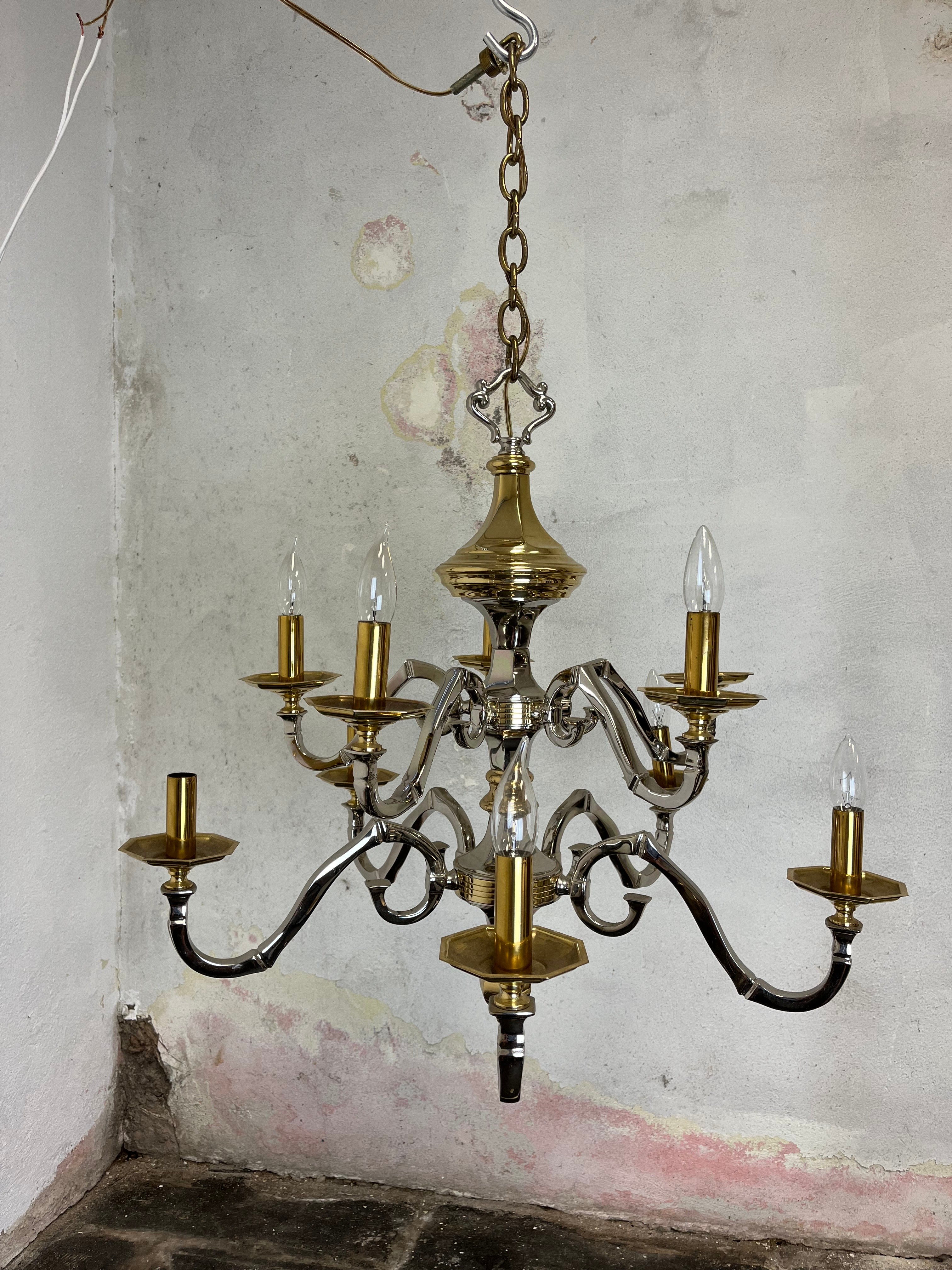 Regency Lampadario neoclassico d'epoca in ottone e cromo in stile Jansen in vendita