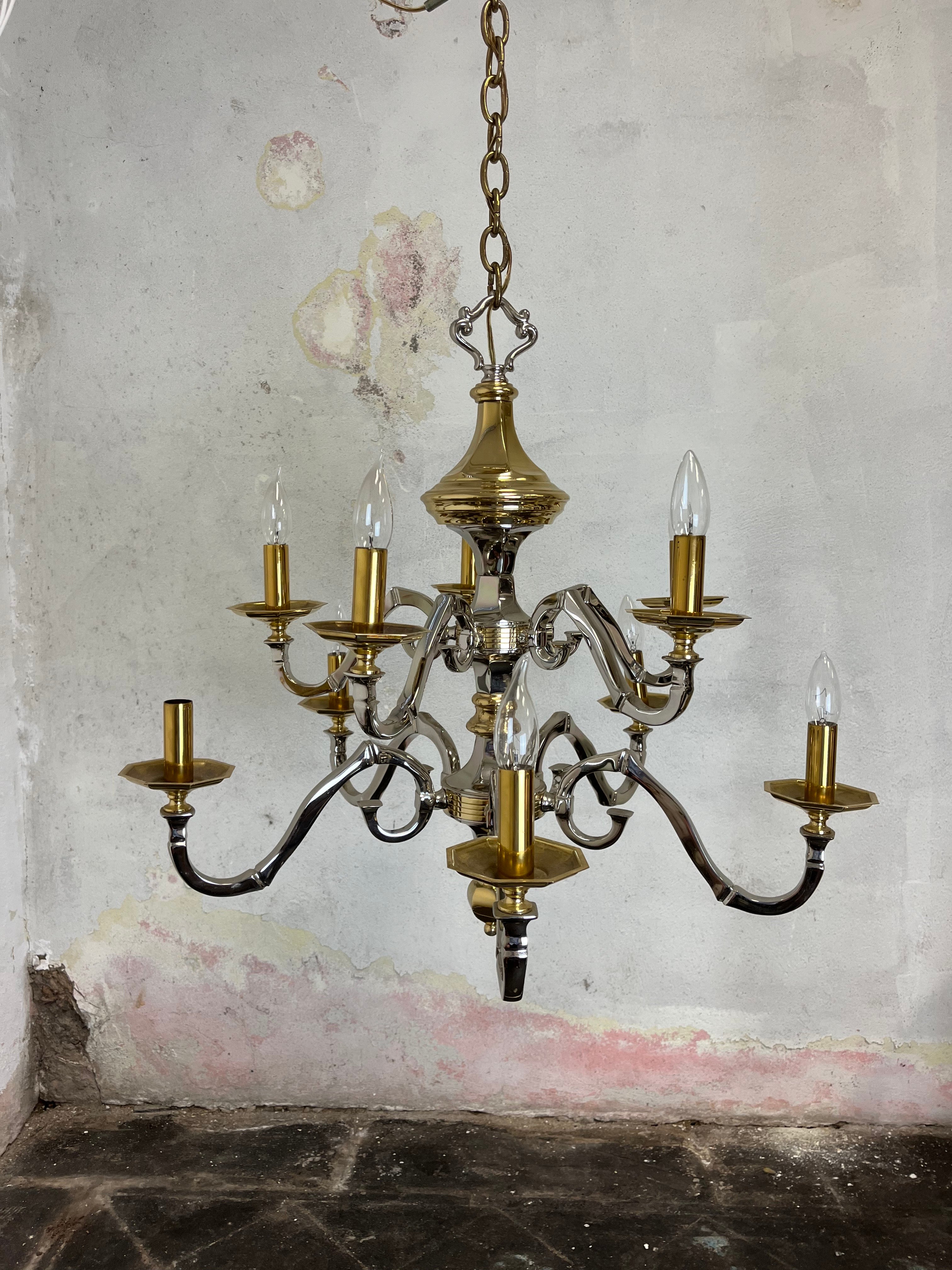 Sconosciuto Lampadario neoclassico d'epoca in ottone e cromo in stile Jansen in vendita