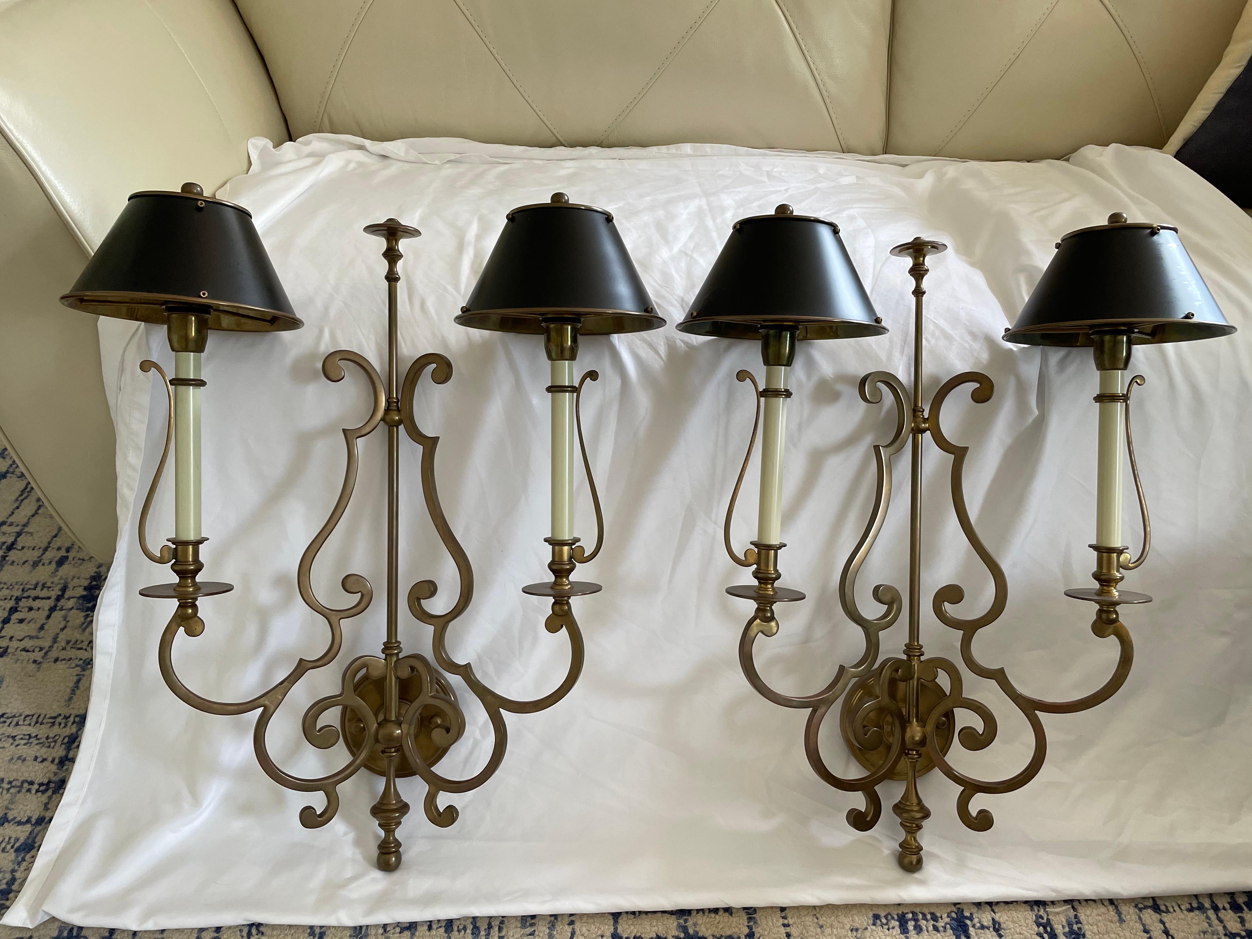 Vintage Jansen Style French Brass Bouillotte Sconces, a Pair In Good Condition For Sale In W Allenhurst, NJ