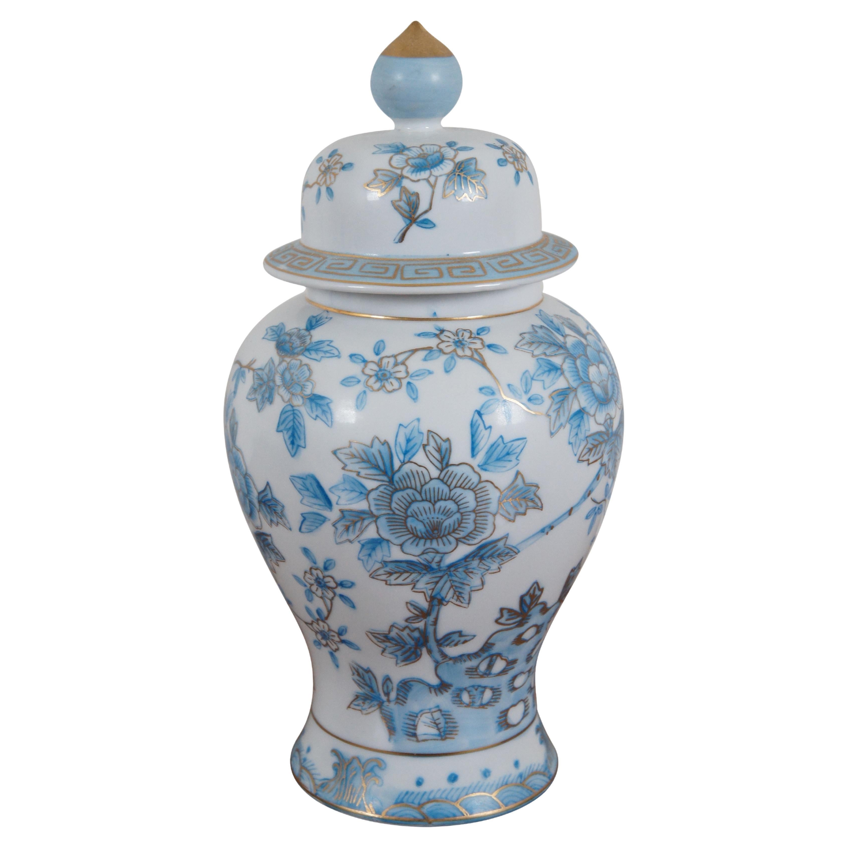 Vintage Japan Blue & White Floral Porcelain Temple Ginger Jar Lidded Urn 12" For Sale