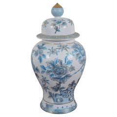 Retro Japan Blue & White Floral Porcelain Temple Ginger Jar Lidded Urn 12"