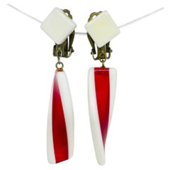 Vintage JAPAN gold tone red white lucite dangle clip on earrings