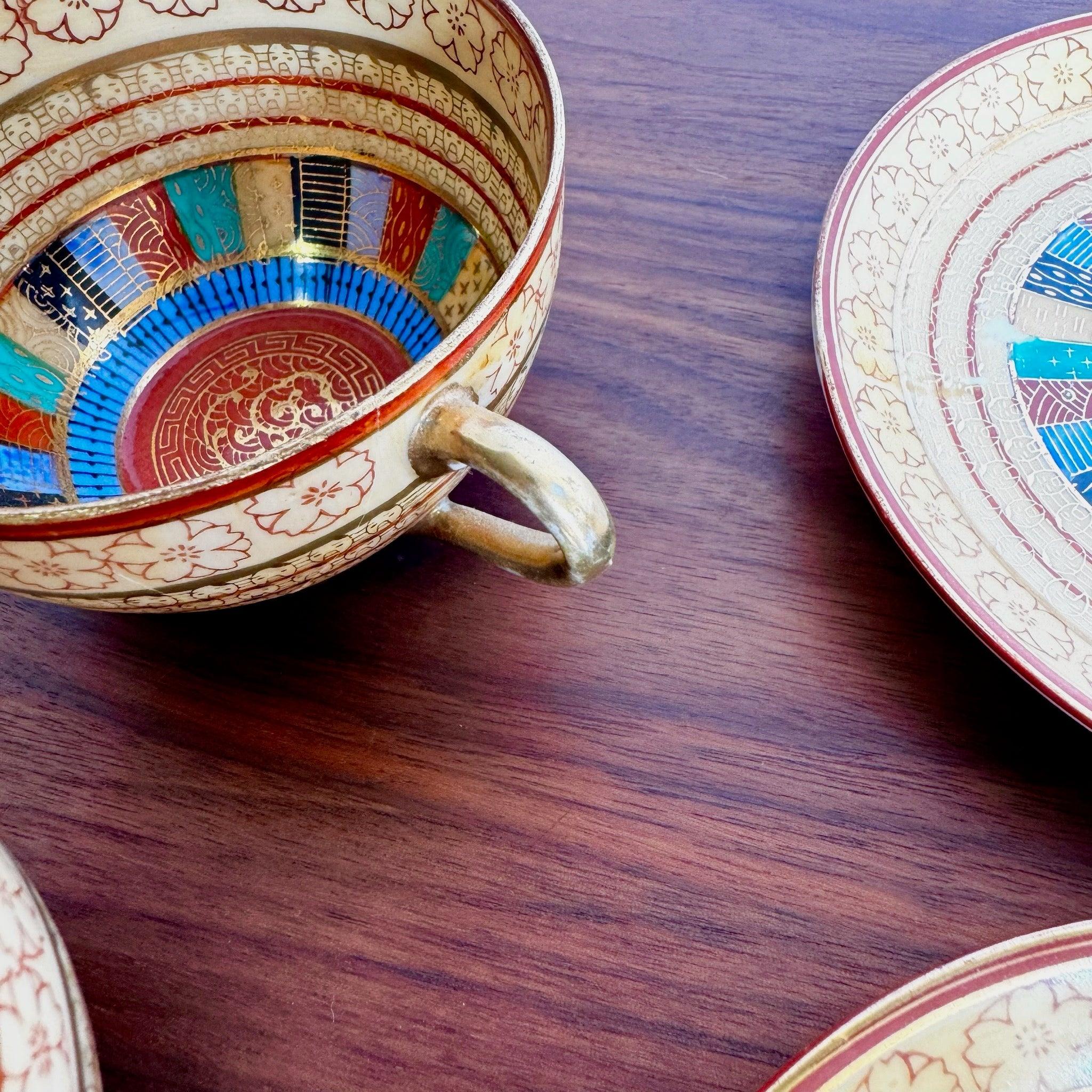 Vintage Japanese “1000 Faces” Tea Cup and Saucer Set - 8 Pieces For Sale 5