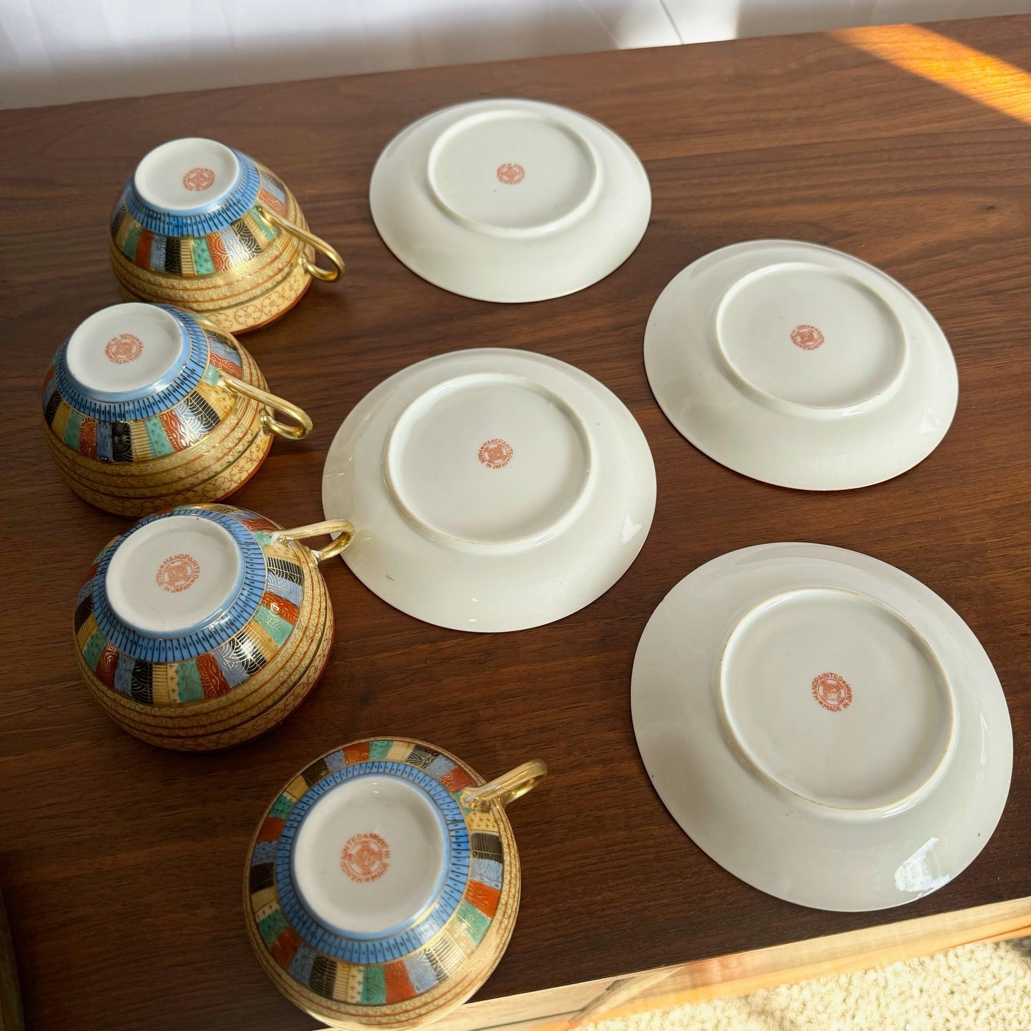 Vintage Japanese “1000 Faces” Tea Cup and Saucer Set - 8 Pieces In Good Condition For Sale In Delray Beach, FL