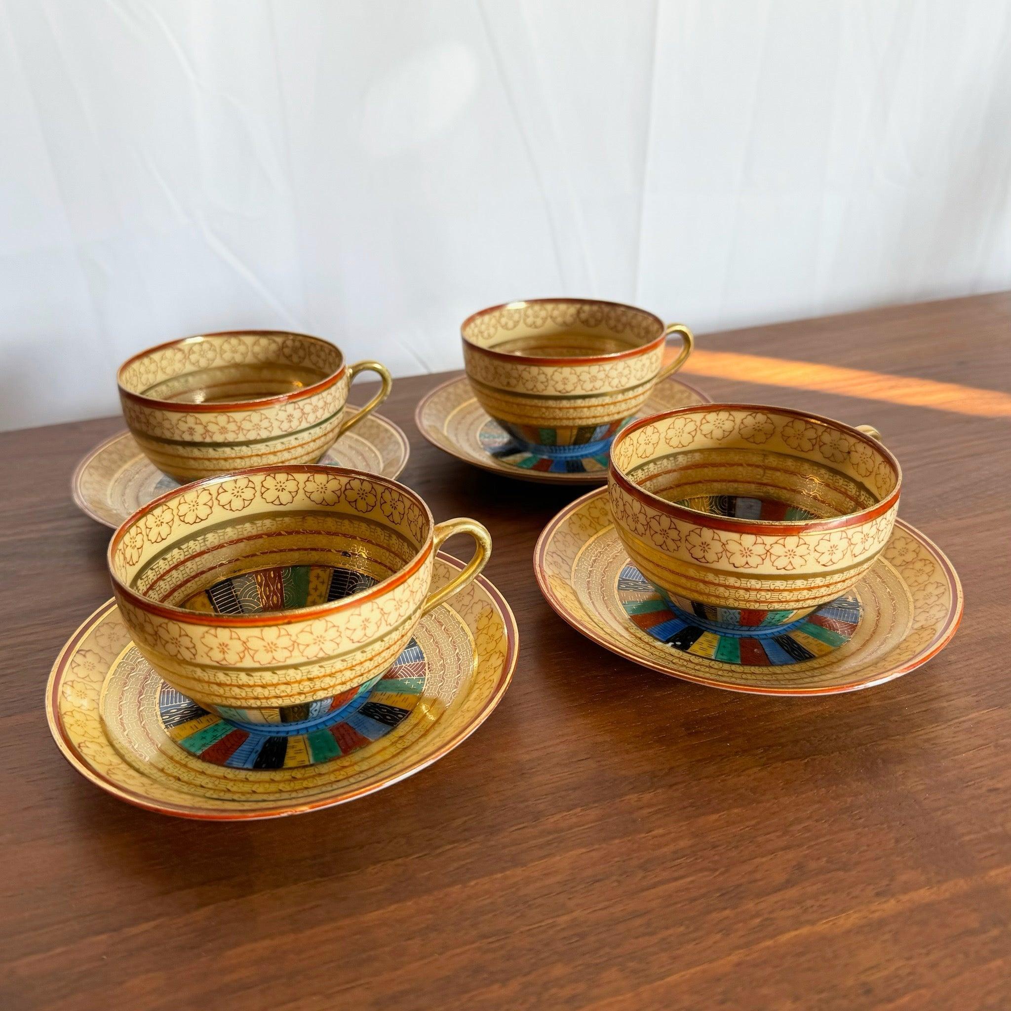 Vintage Japanese “1000 Faces” Tea Cup and Saucer Set - 8 Pieces For Sale 3