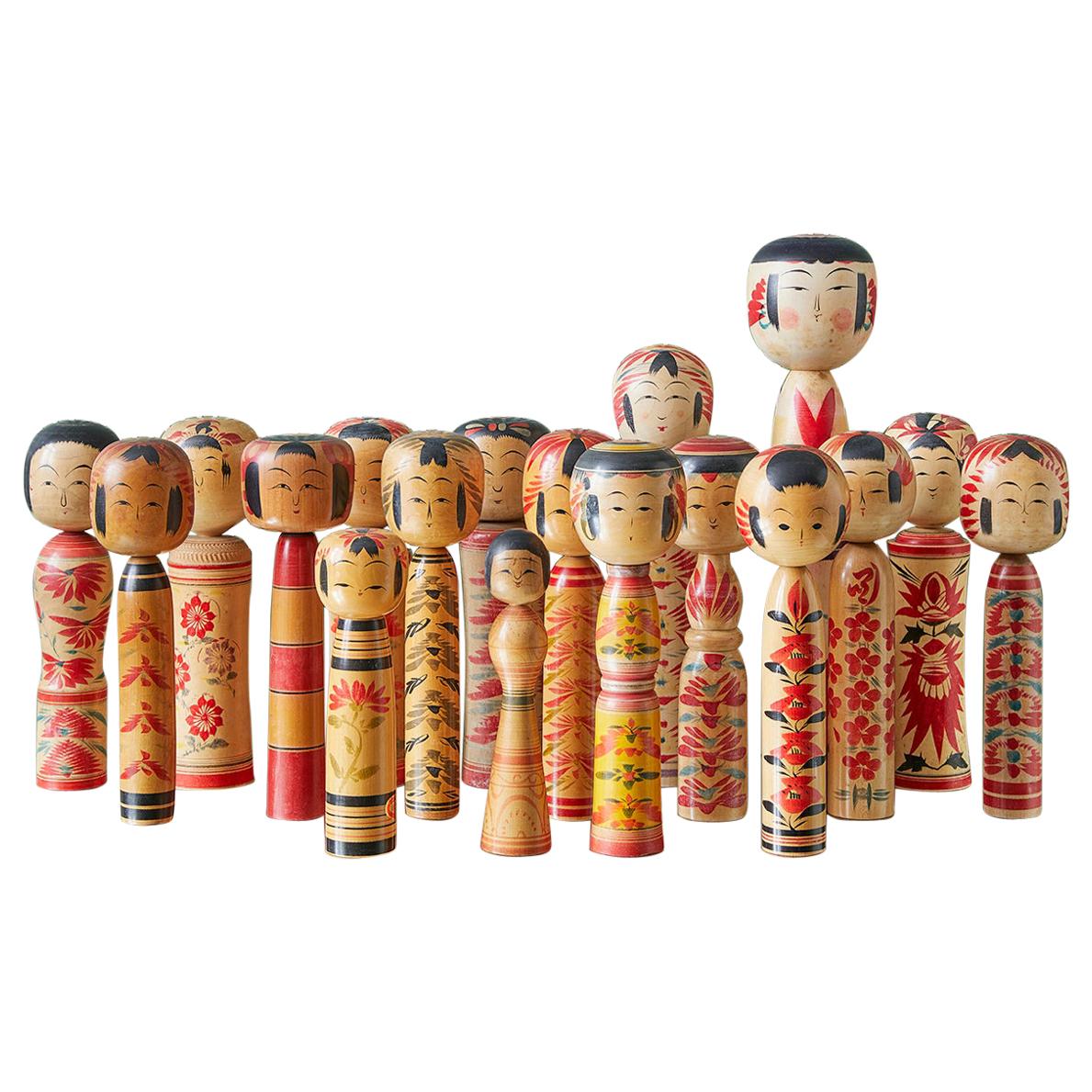 Vintage Japanese 1960s-1980s Collection of 18 Kokeshi Dolls from Tohoku Region