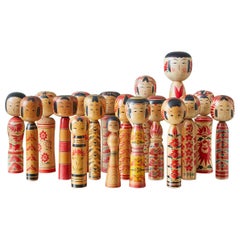 Vintage Japanese 1960s-1980s Collection of 18 Kokeshi Dolls from Tohoku Region