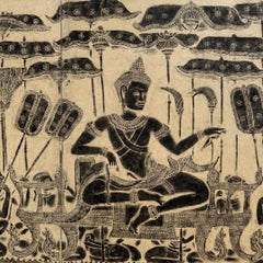 Vintage Japanese 2-panel screen of a Khmer rubbing of Suryavarman II, Angkor Wat
