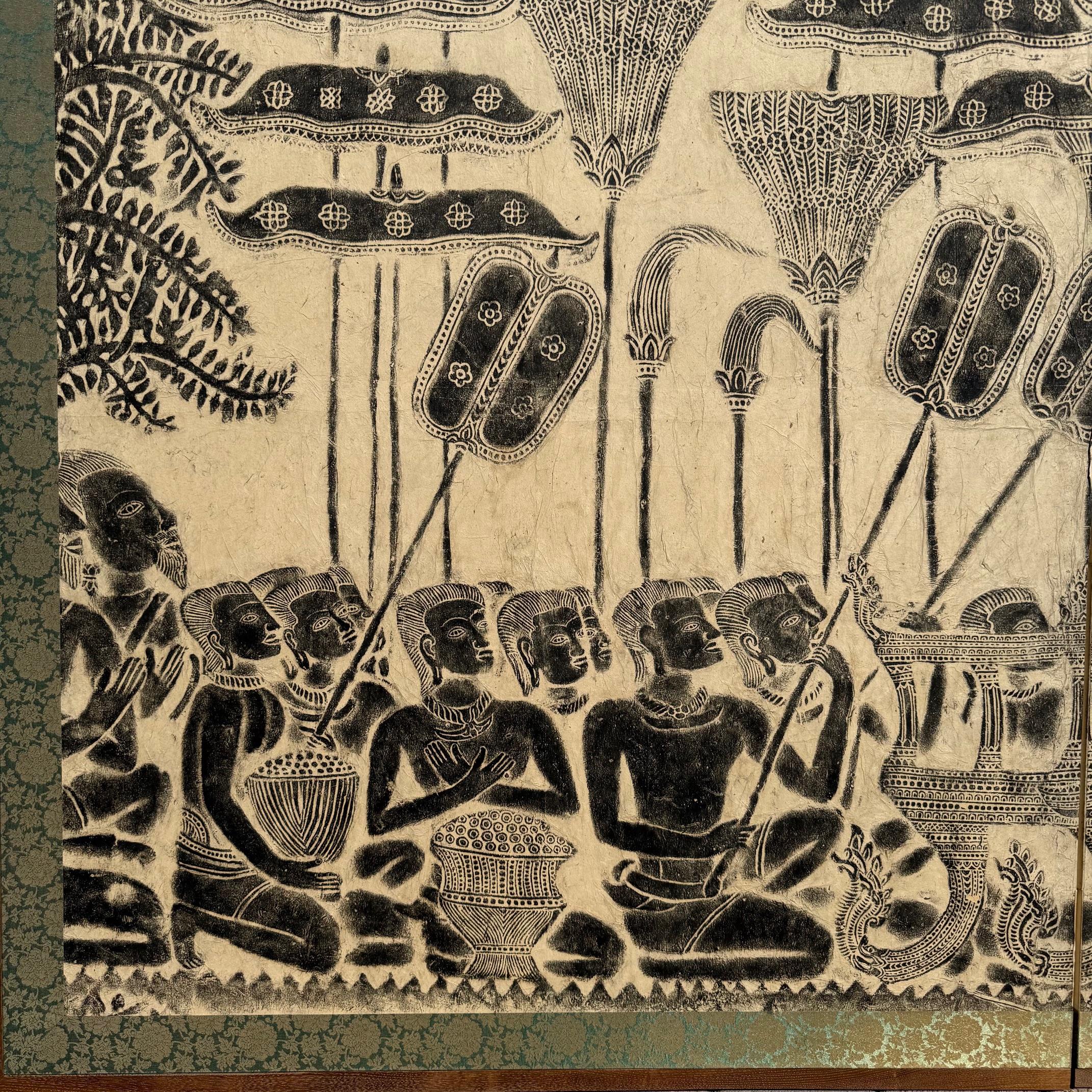 Mid-Century Modern Vintage Japanese 2-panel screen of a Khmer rubbing of Suryavarman II, Angkor Wat For Sale