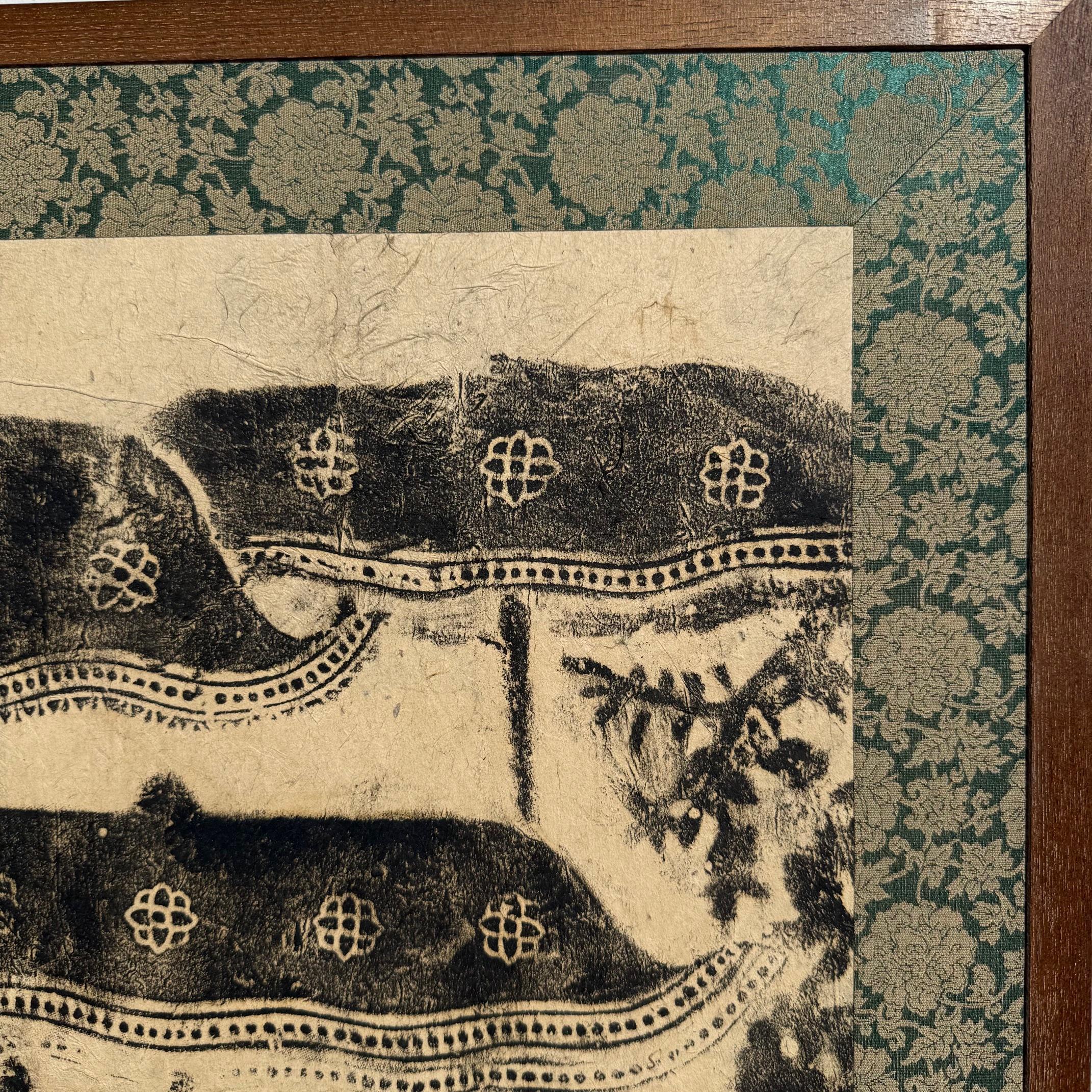 Cambodian Vintage Japanese 2-panel screen of a Khmer rubbing of Suryavarman II, Angkor Wat For Sale