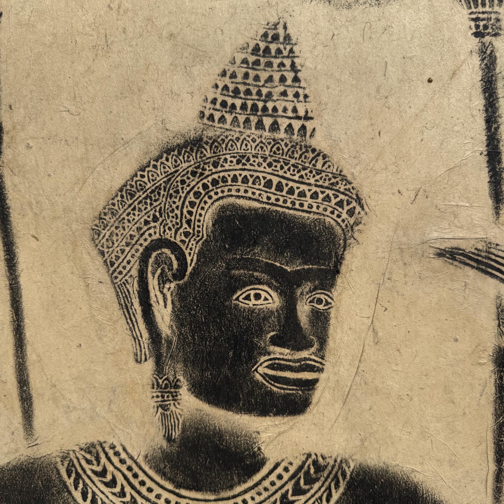 Vintage Japanese 2-panel screen of a Khmer rubbing of Suryavarman II, Angkor Wat In Good Condition For Sale In Point Richmond, CA