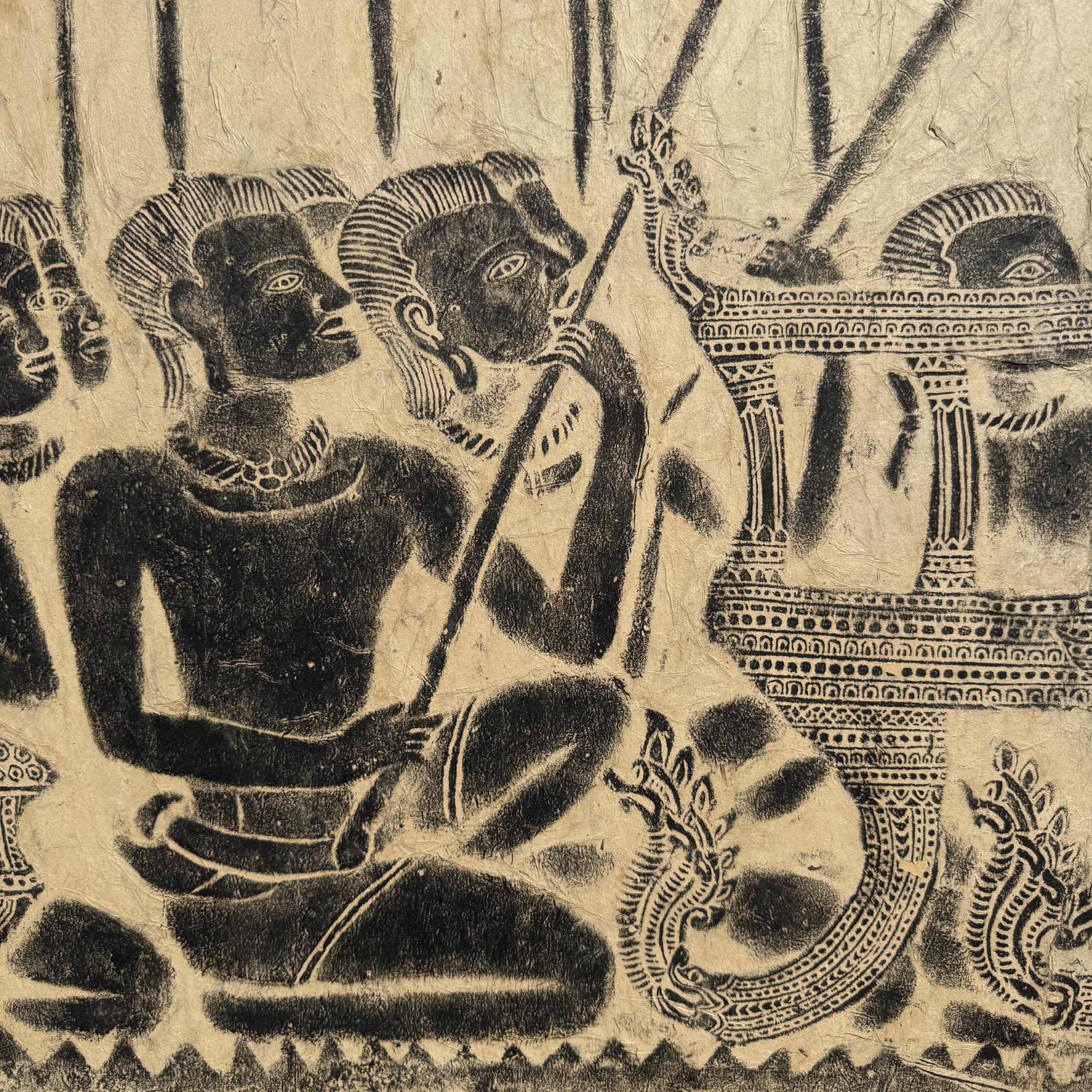 Vintage Japanese 2-panel screen of a Khmer rubbing of Suryavarman II, Angkor Wat For Sale 1