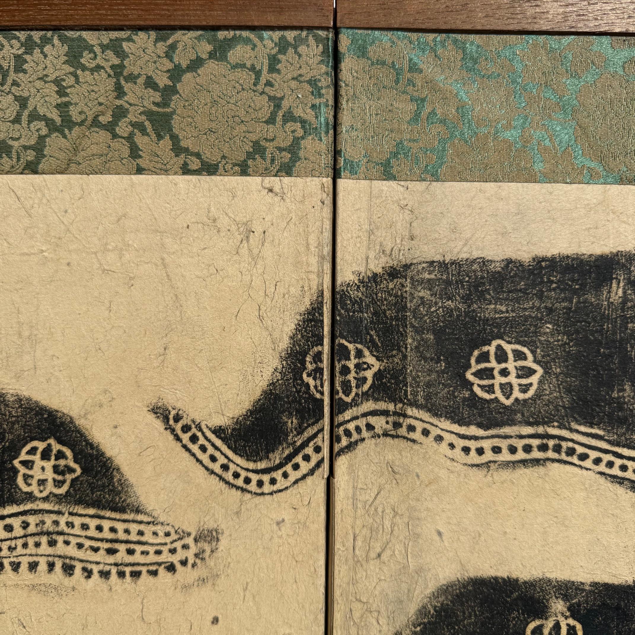 Vintage Japanese 2-panel screen of a Khmer rubbing of Suryavarman II, Angkor Wat For Sale 2