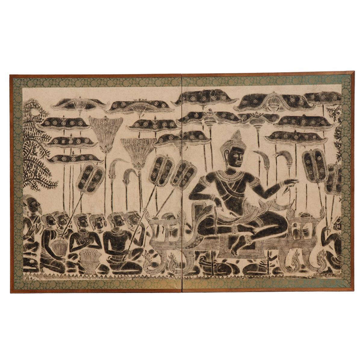 Vintage Japanische 2-Panel-Bildschirm einer Khmer Reibung von Suryavarman II, Angkor Wat