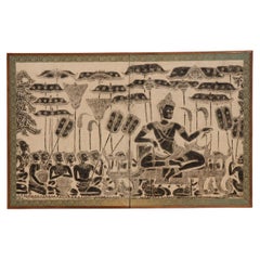 Vintage Japanese 2-panel screen of a Khmer rubbing of Suryavarman II, Angkor Wat