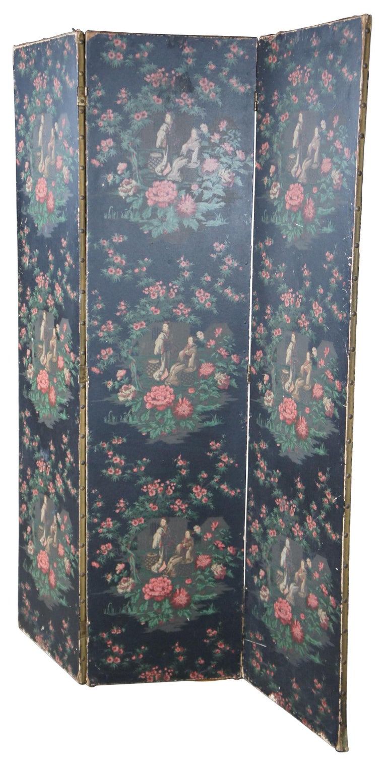 Vintage Japanese three panel room divider screen featuring Geishas sitting outside a Pagoda garden of chrysanthemum flowers. Panels are 17
