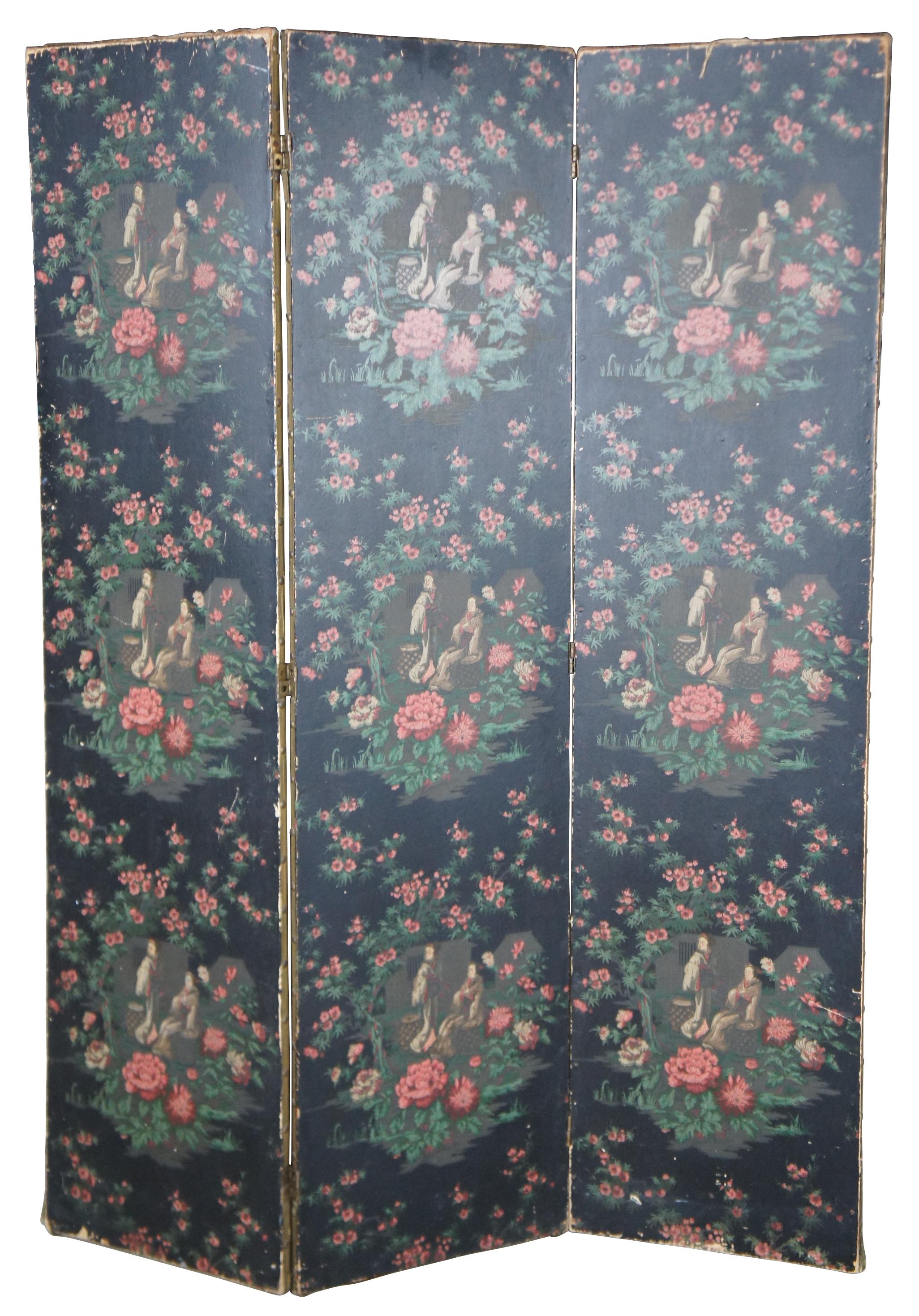 Japonisme Vintage Japanese 3 Panel Room Divider Privacy Screen Geishas Chrysanthemum