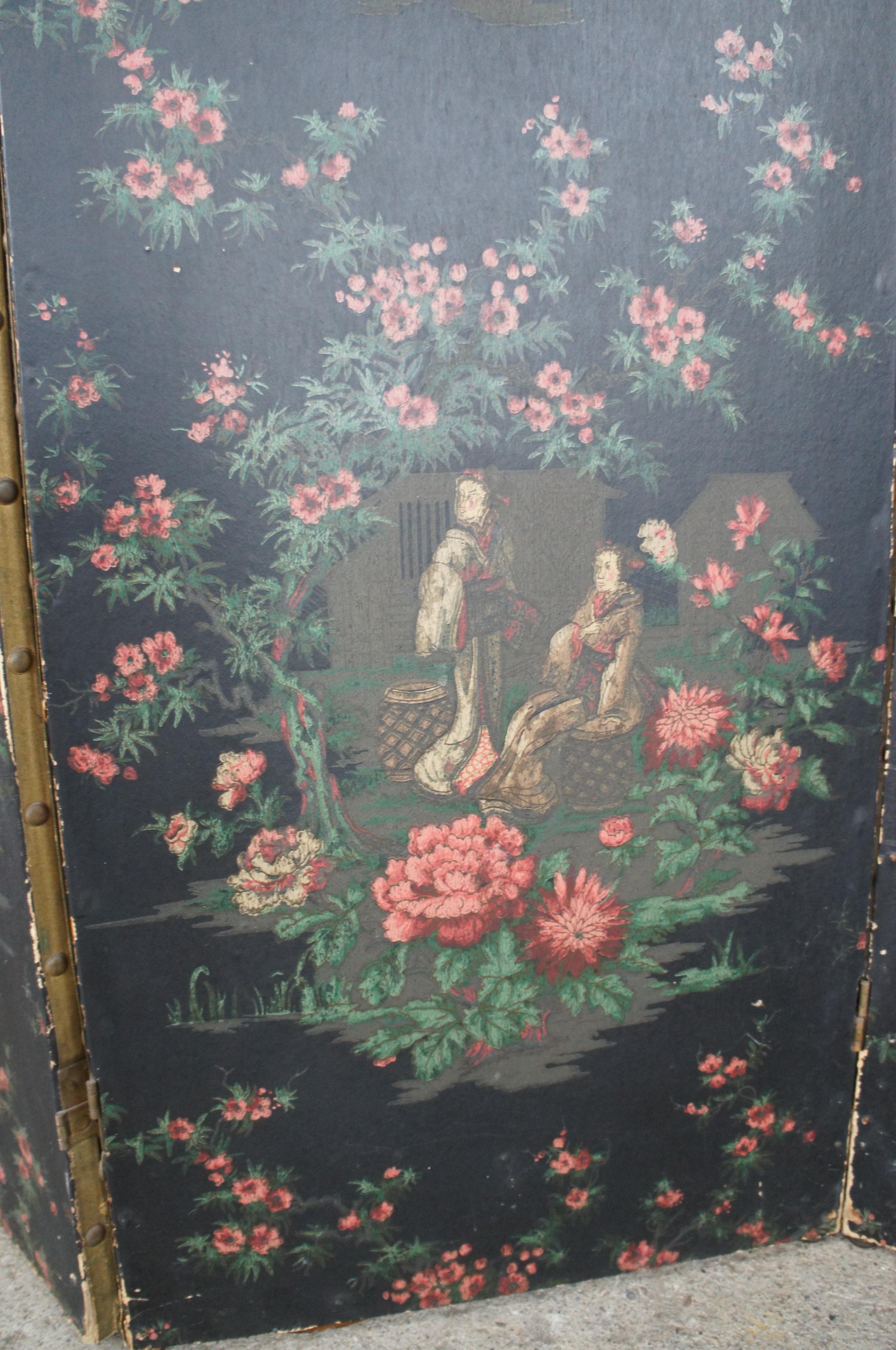 Vintage Japanese 3 Panel Room Divider Privacy Screen Geishas Chrysanthemum 2