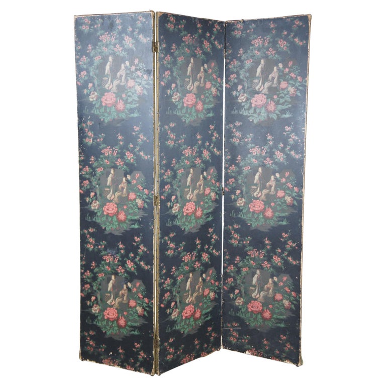 Vintage Japanese 3 Panel Room Divider Privacy Screen Geishas Chrysanthemum For Sale