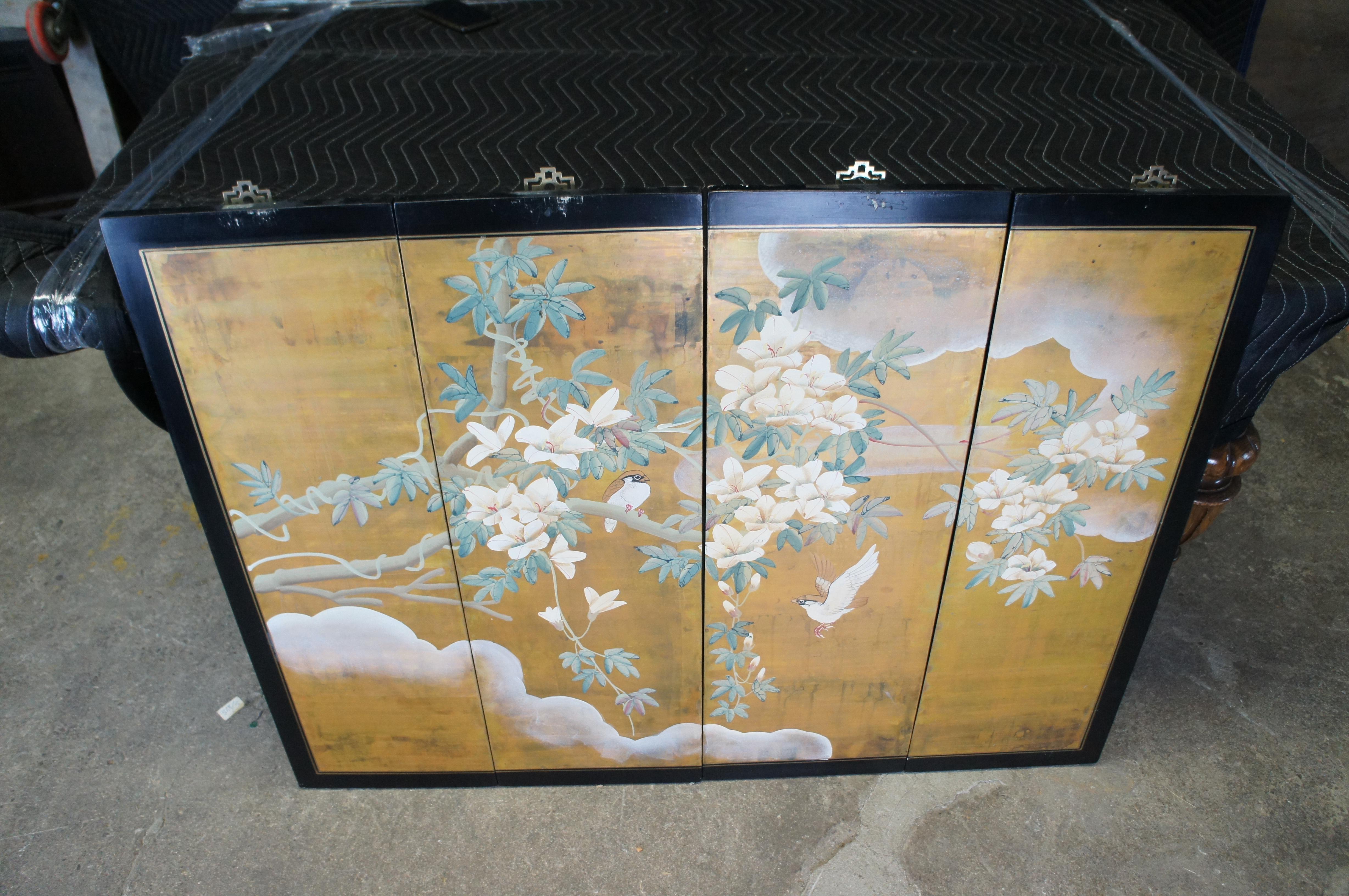 Vintage Japanese 4 Panel Black Lacquer Floral Bird Folding Screen Byobu 36