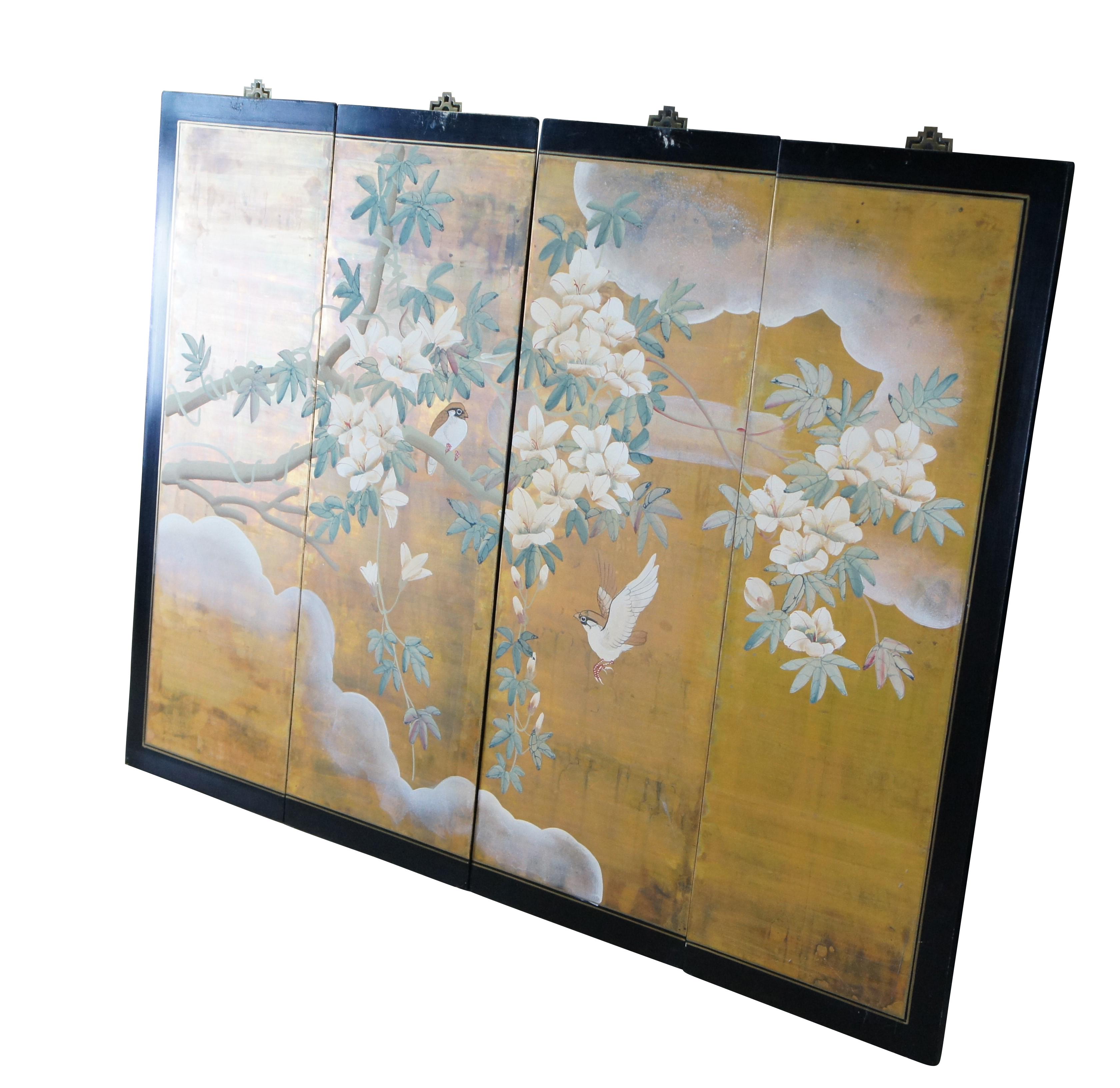 Vintage Japanese Chinoiserie four panel folding screen featuring black lacquer and gold painted scene with two songbirds and a flowering tree with clouds.

Dimensions:
48