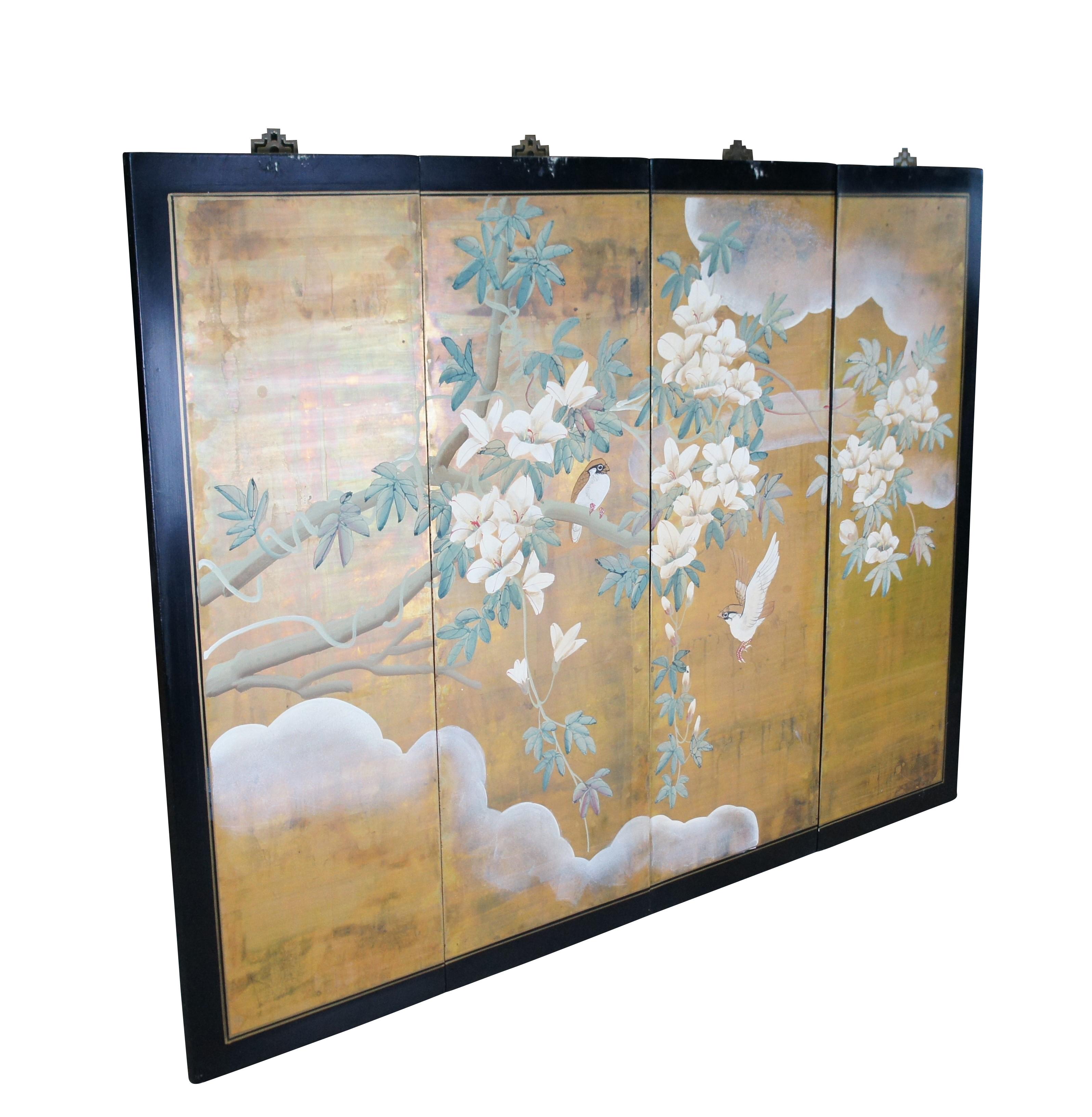 Japonisme Vintage Japanese 4 Panel Black Lacquer Floral Bird Folding Screen Byobu 36