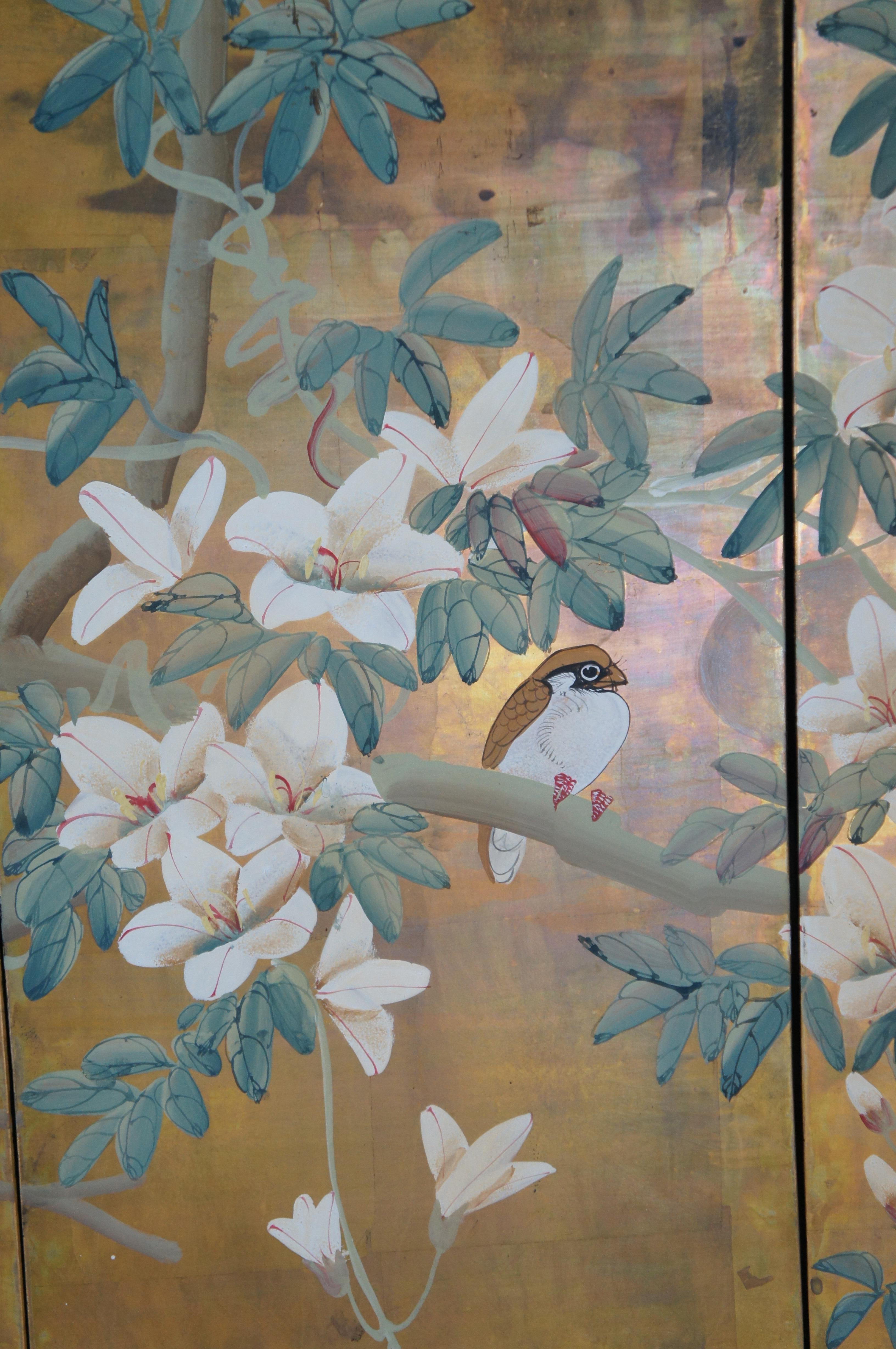 Vintage Japanese 4 Panel Black Lacquer Floral Bird Folding Screen Byobu 36