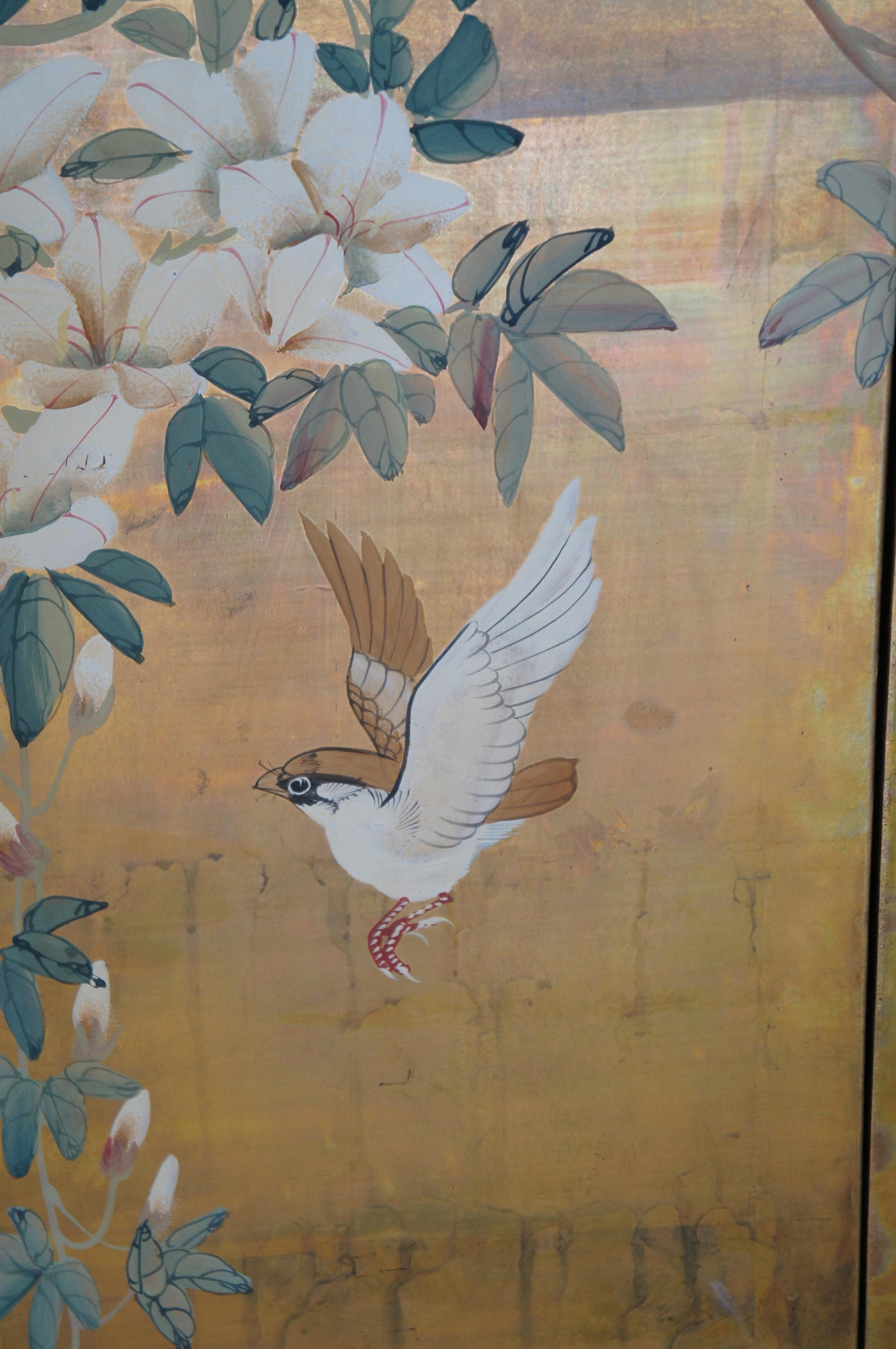 20th Century Vintage Japanese 4 Panel Black Lacquer Floral Bird Folding Screen Byobu 36