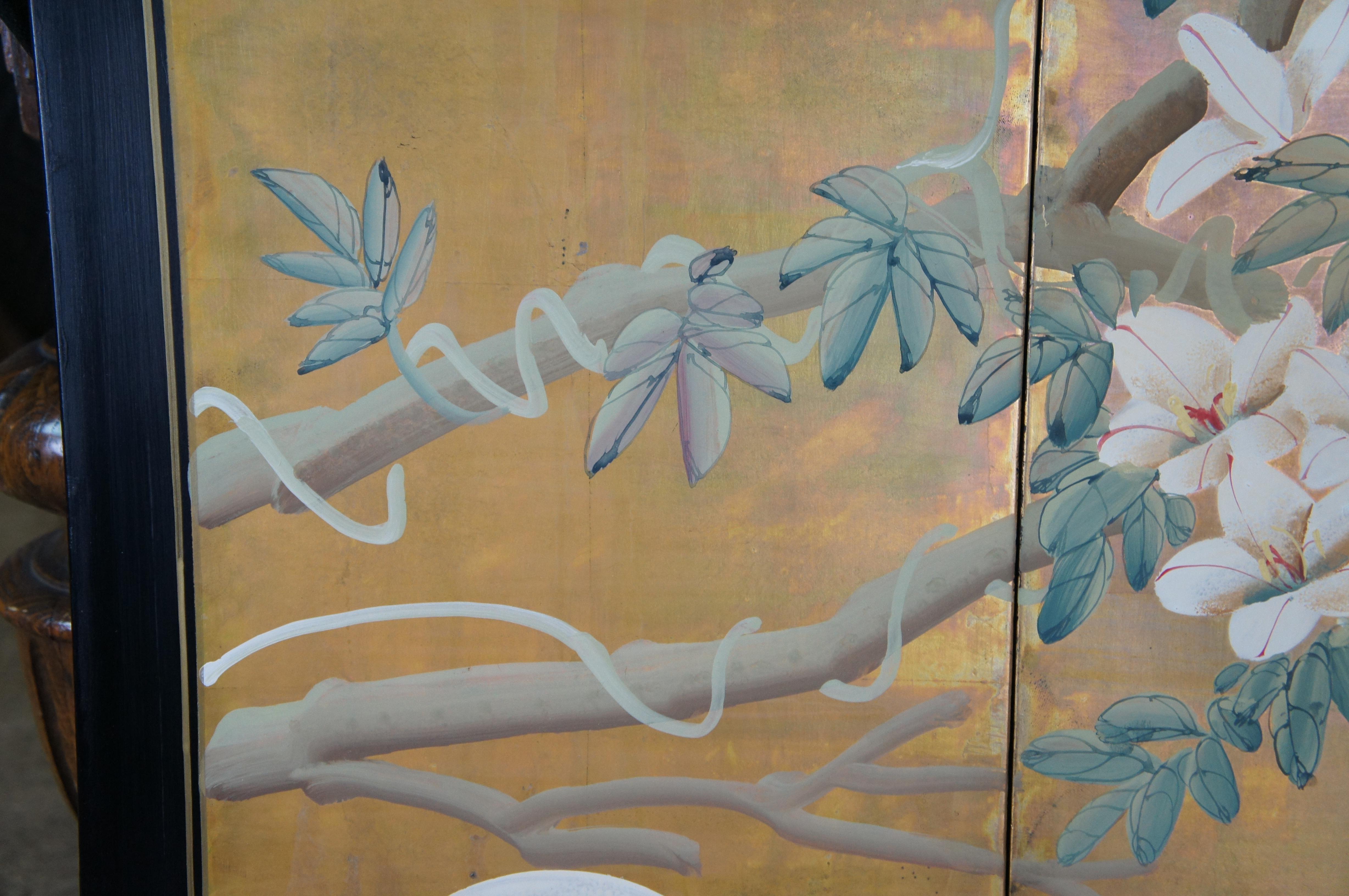 Vintage Japanese 4 Panel Black Lacquer Floral Bird Folding Screen Byobu 36