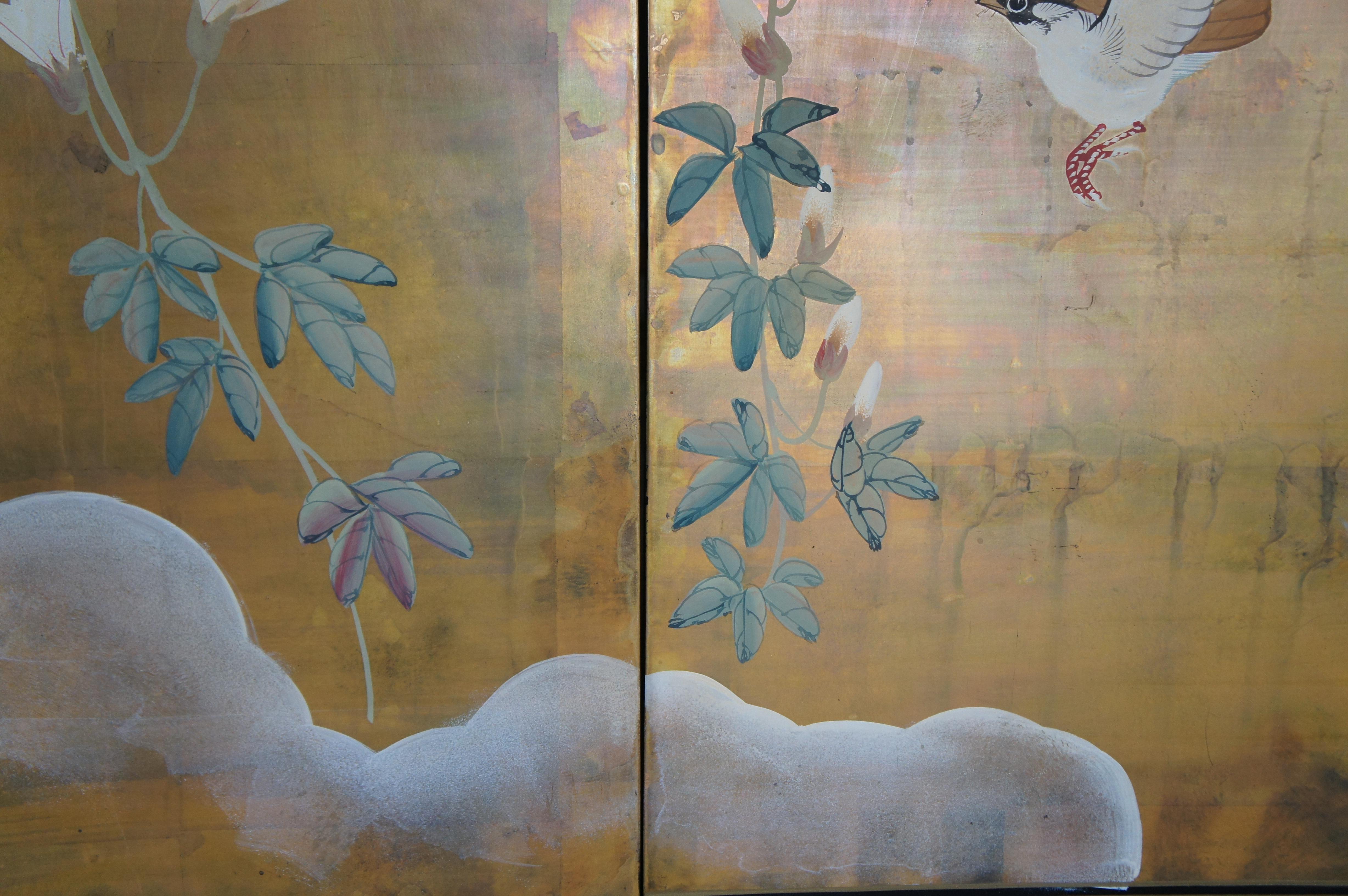 Vintage Japanese 4 Panel Black Lacquer Floral Bird Folding Screen Byobu 36