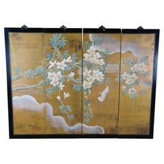 Vintage Japanese 4 Panel Black Lacquer Floral Bird Folding Screen Byobu 36"