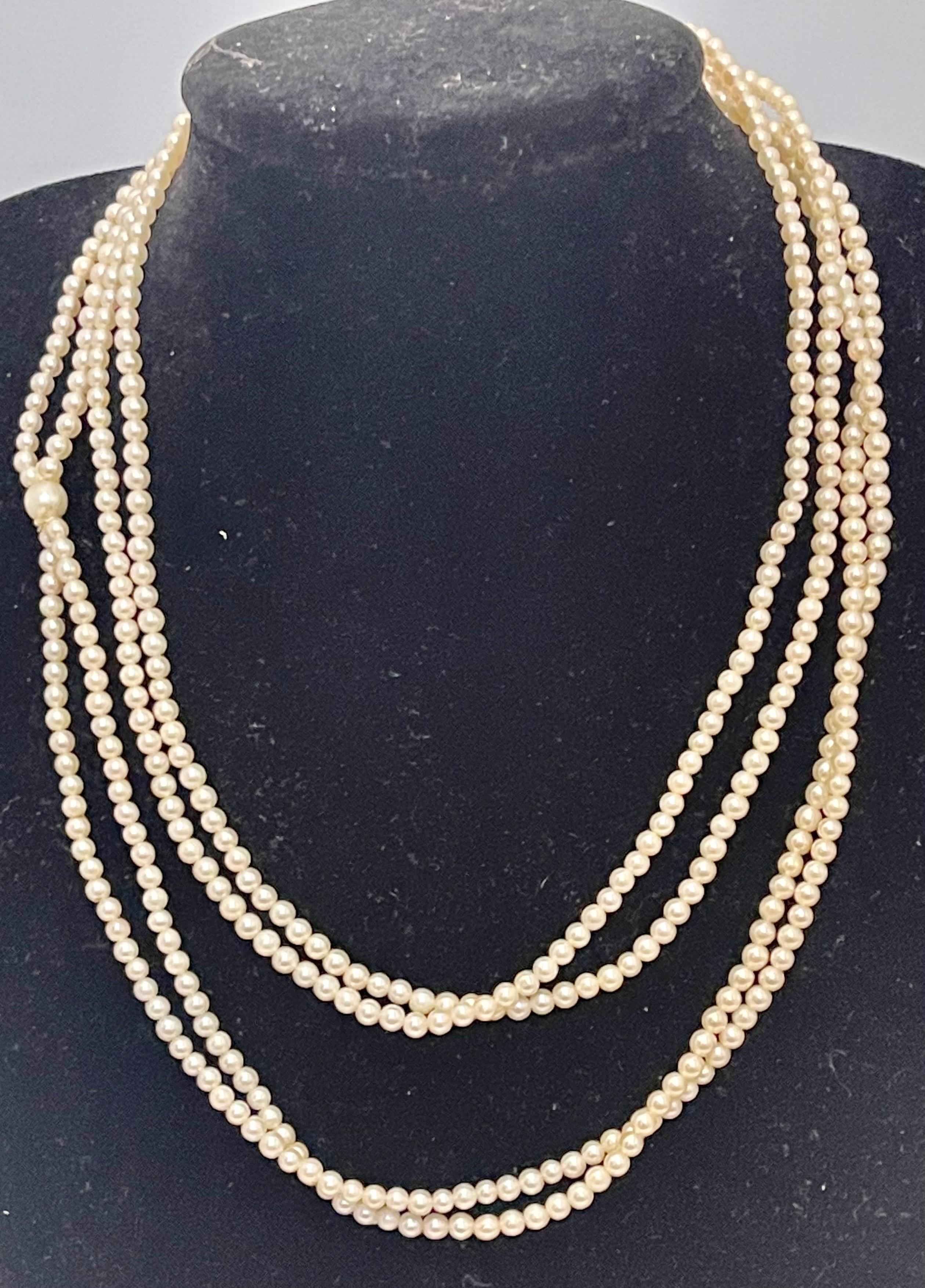 This marvelous vintage Pearl necklace features 2 row of luscious  Japanese Akoya   pearls
(measuring approx. 3.30MM )  
White color
VINTAGE
PRE-OWNED 
 ESTATE PIECE
Length of  Strand including clasp  33 Inch
PEARLS ARE AVERAGE 3.3 MM
ALL PEARLS ARE