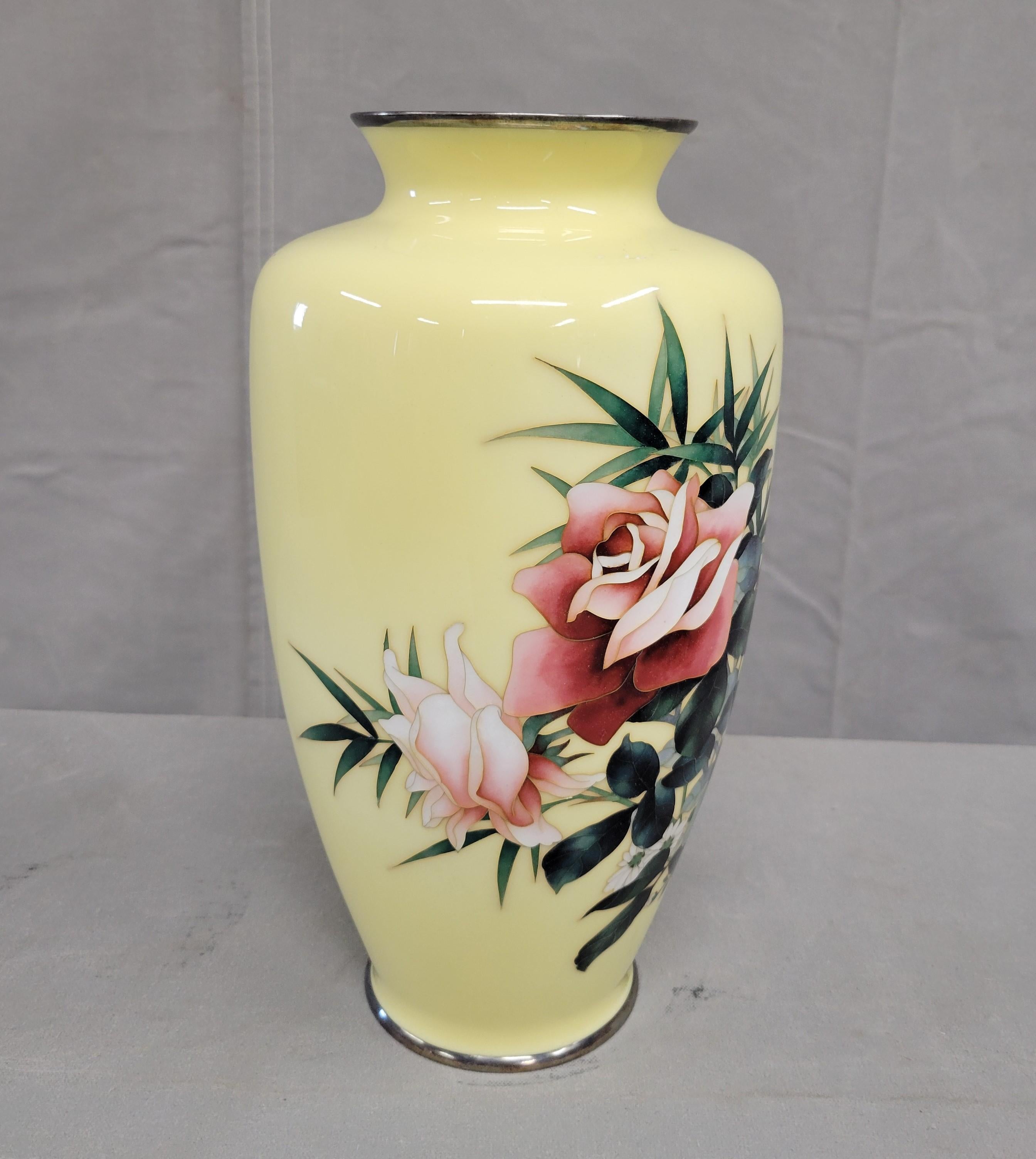Hand-Crafted Vintage Japanese Ando Jubei (1876-1956) Signed Cloisonné Vase With Roses For Sale