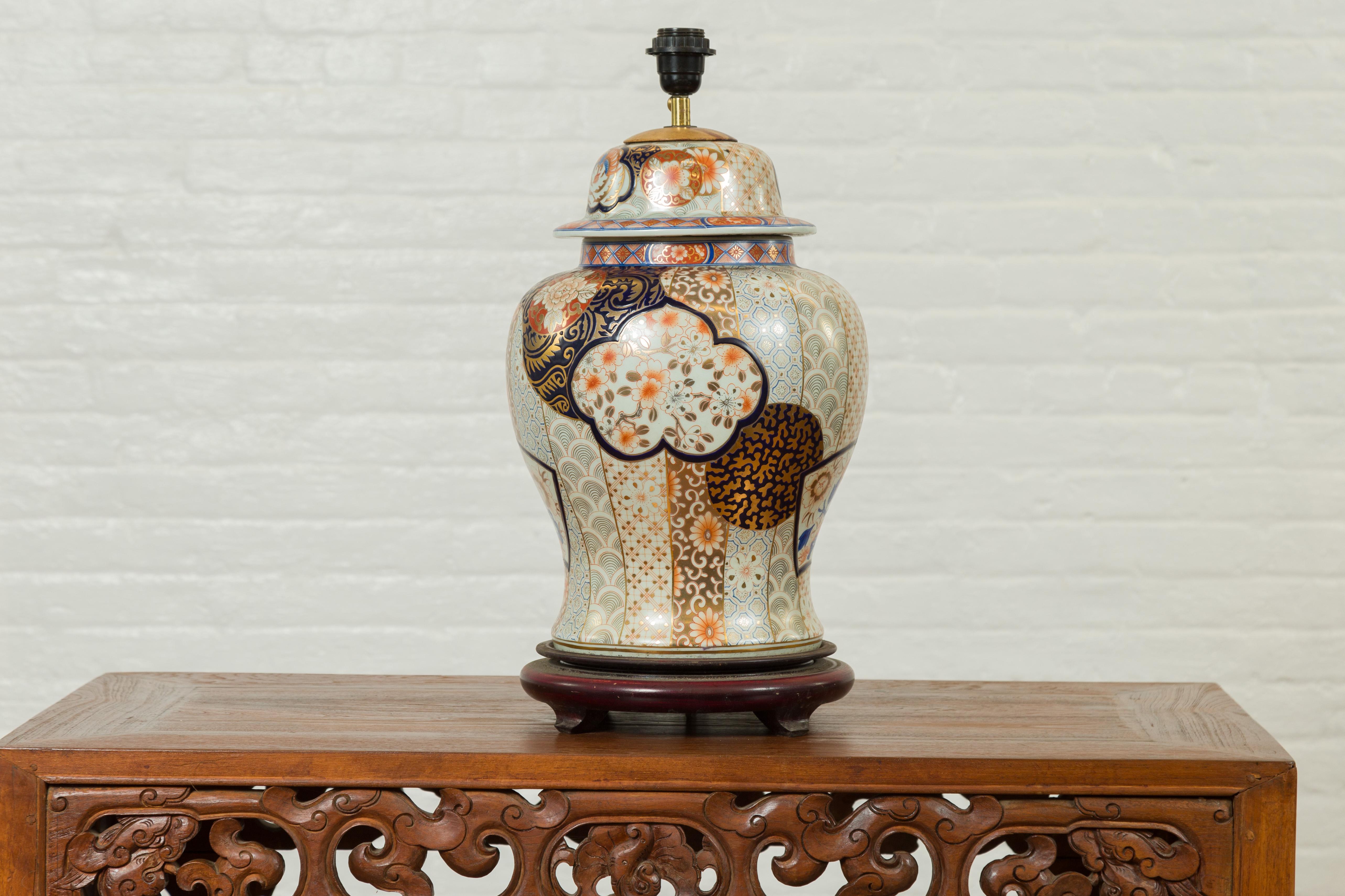 Vintage Japanese Arita Porcelain Gold, Dark Blue and Orange Table Lamp 6