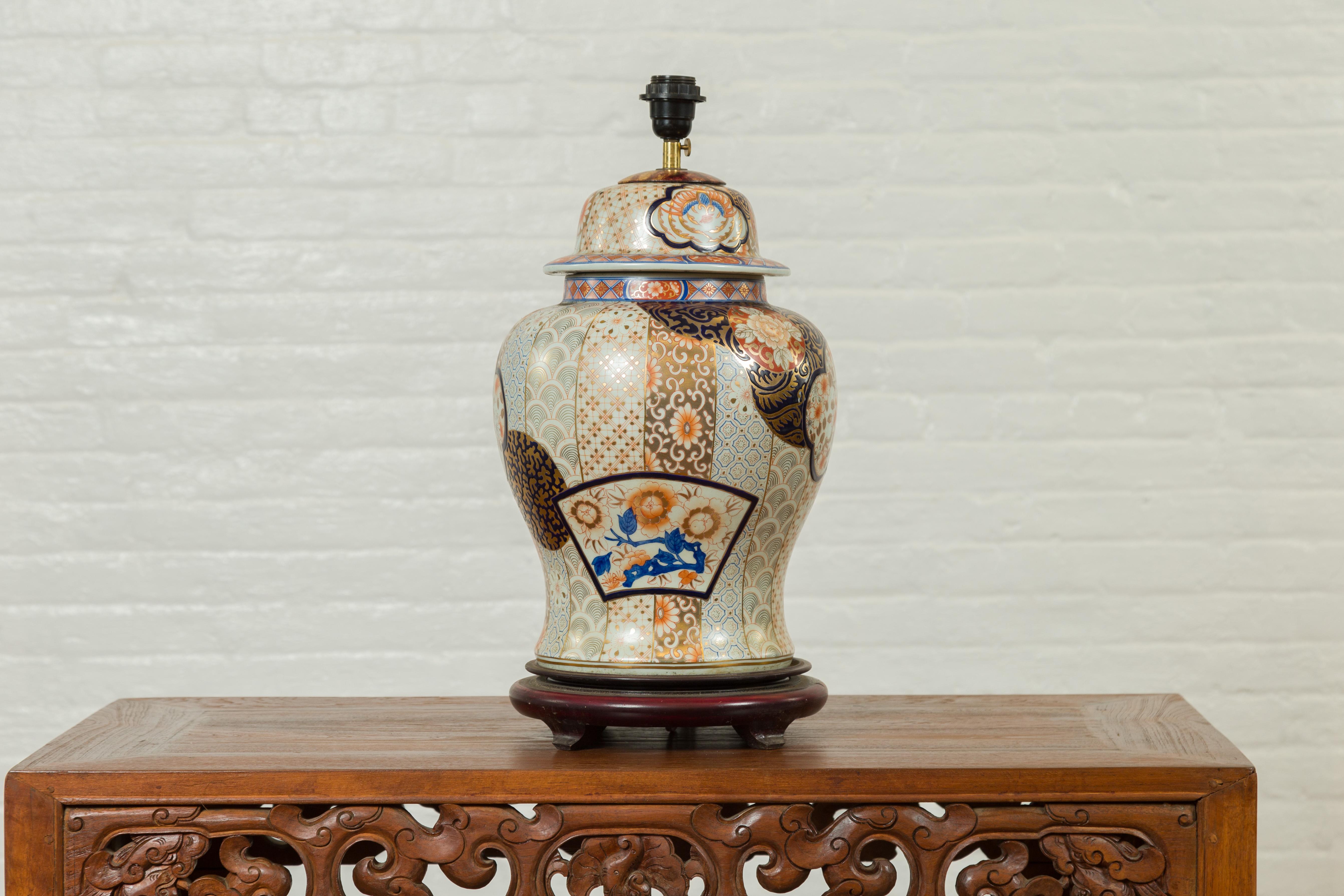 Vintage Japanese Arita Porcelain Gold, Dark Blue and Orange Table Lamp 3