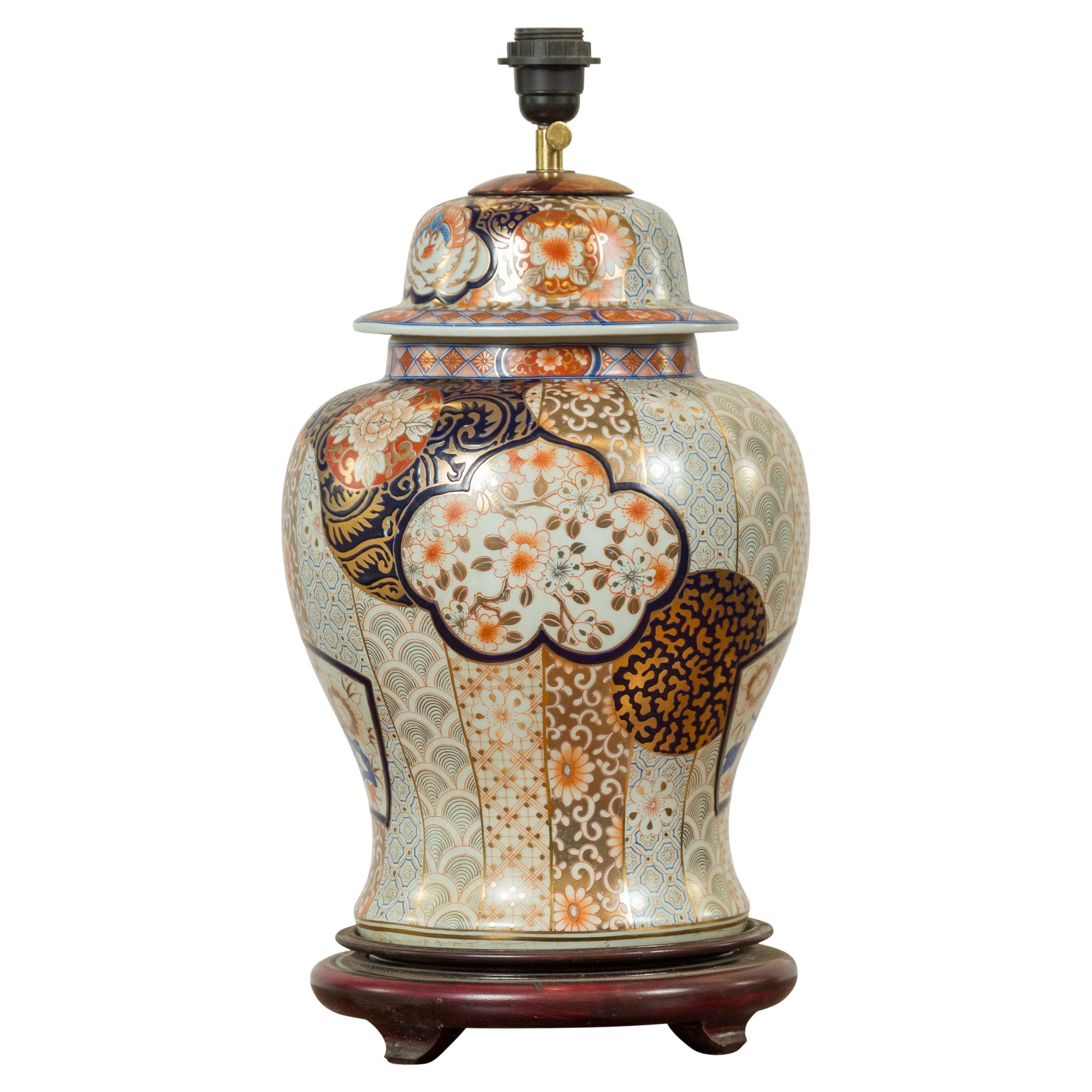 Vintage Japanese Arita Porcelain Gold, Dark Blue and Orange Table Lamp