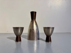 Vintage Japanese Art Deco Jungin Silver Sake Bottle and Cups, circa 1930's