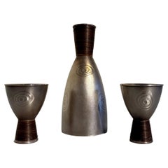 Vintage Japanese Art Deco Jungin Silver Sake Bottle and Cups, circa 1930's