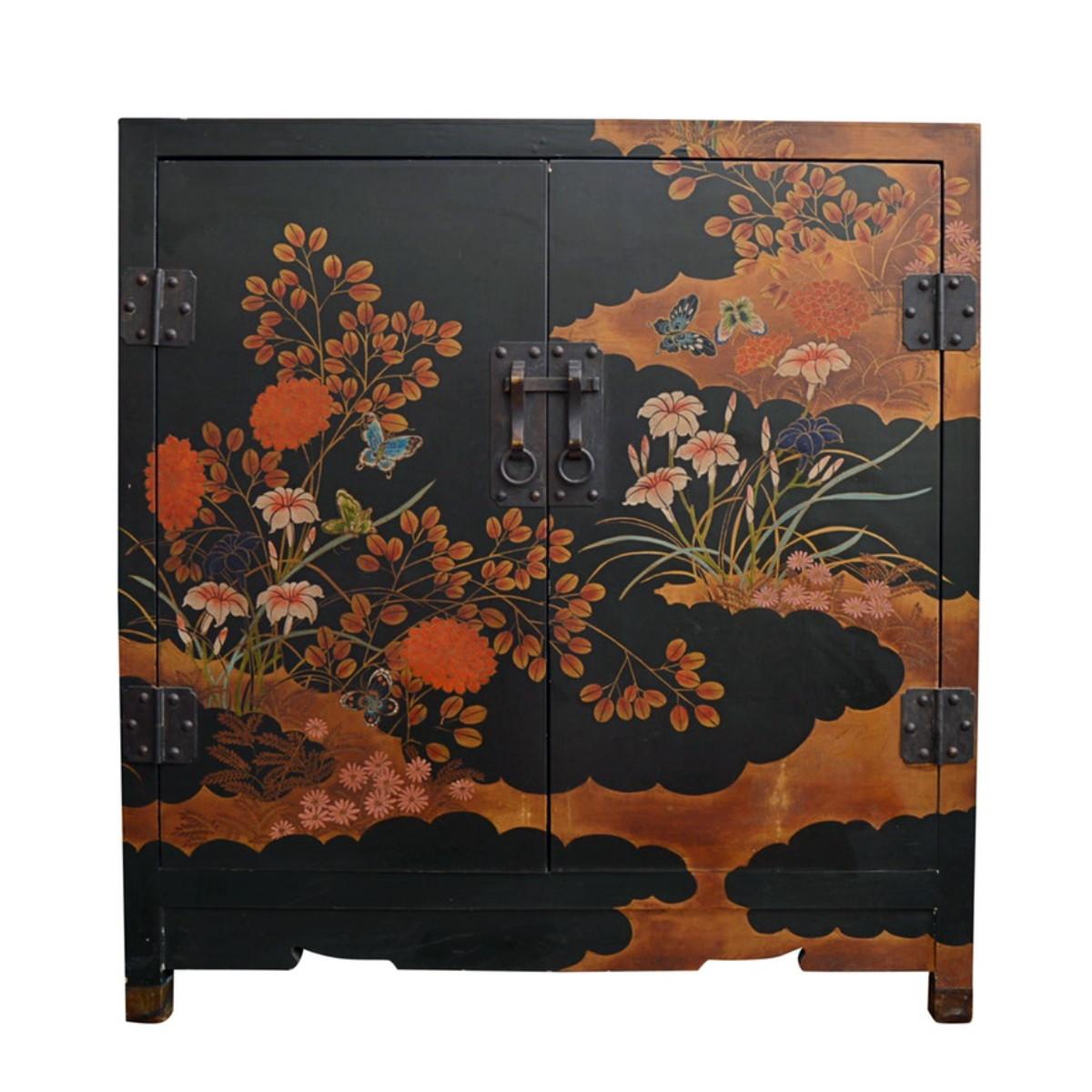 Lacquered Antique Japanned Black Cabinet with Flora and Butterfly Decoration c.1920