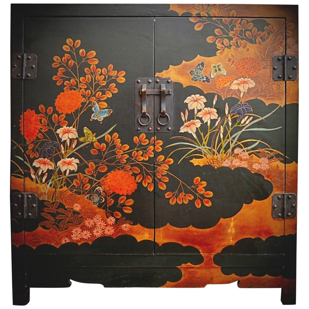 Antique Japanned Black Cabinet with Flora and Butterfly Decoration c.1920