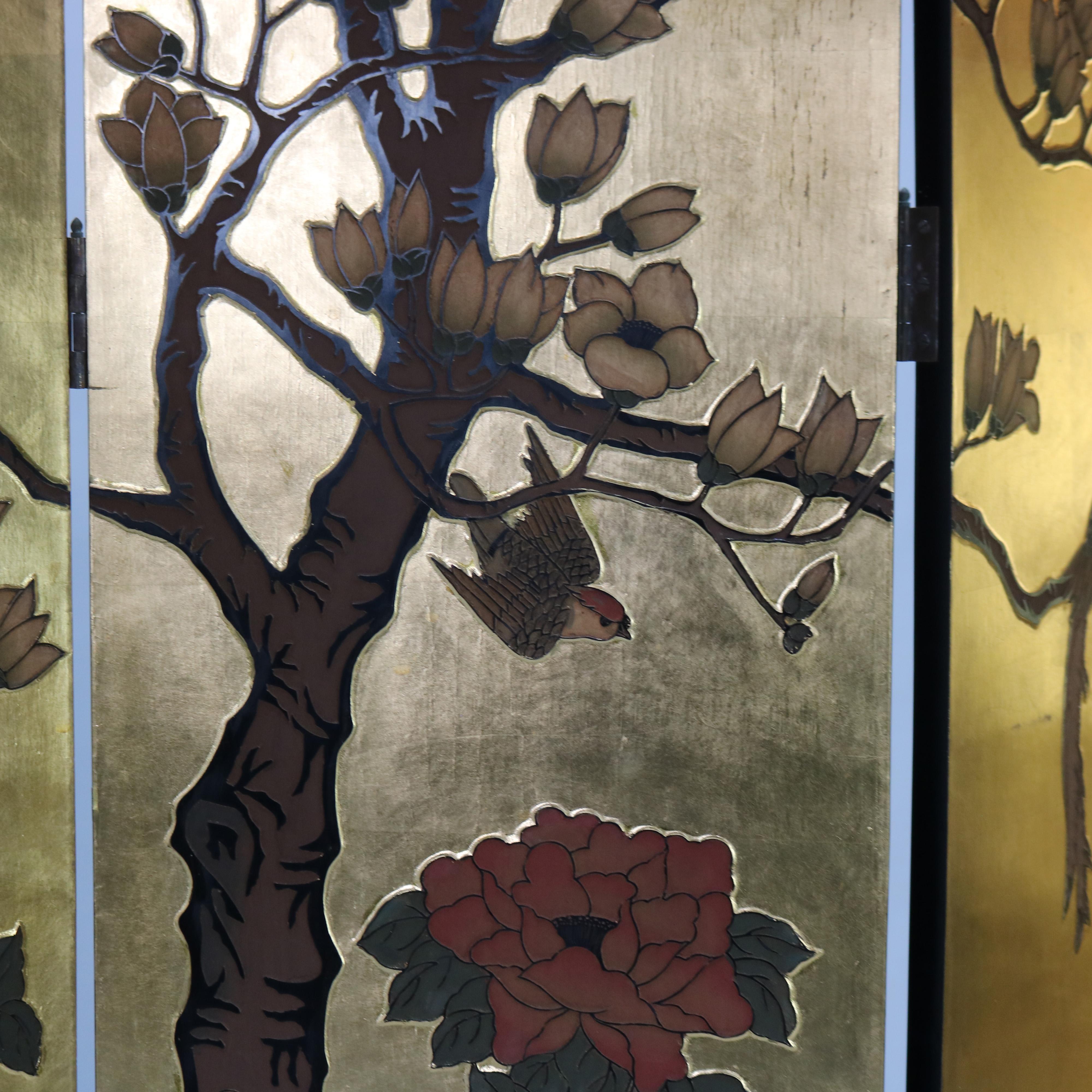 Vintage Japanese Black Lacquered, Gilt & Polychromed Four Panel Folding Screen 5