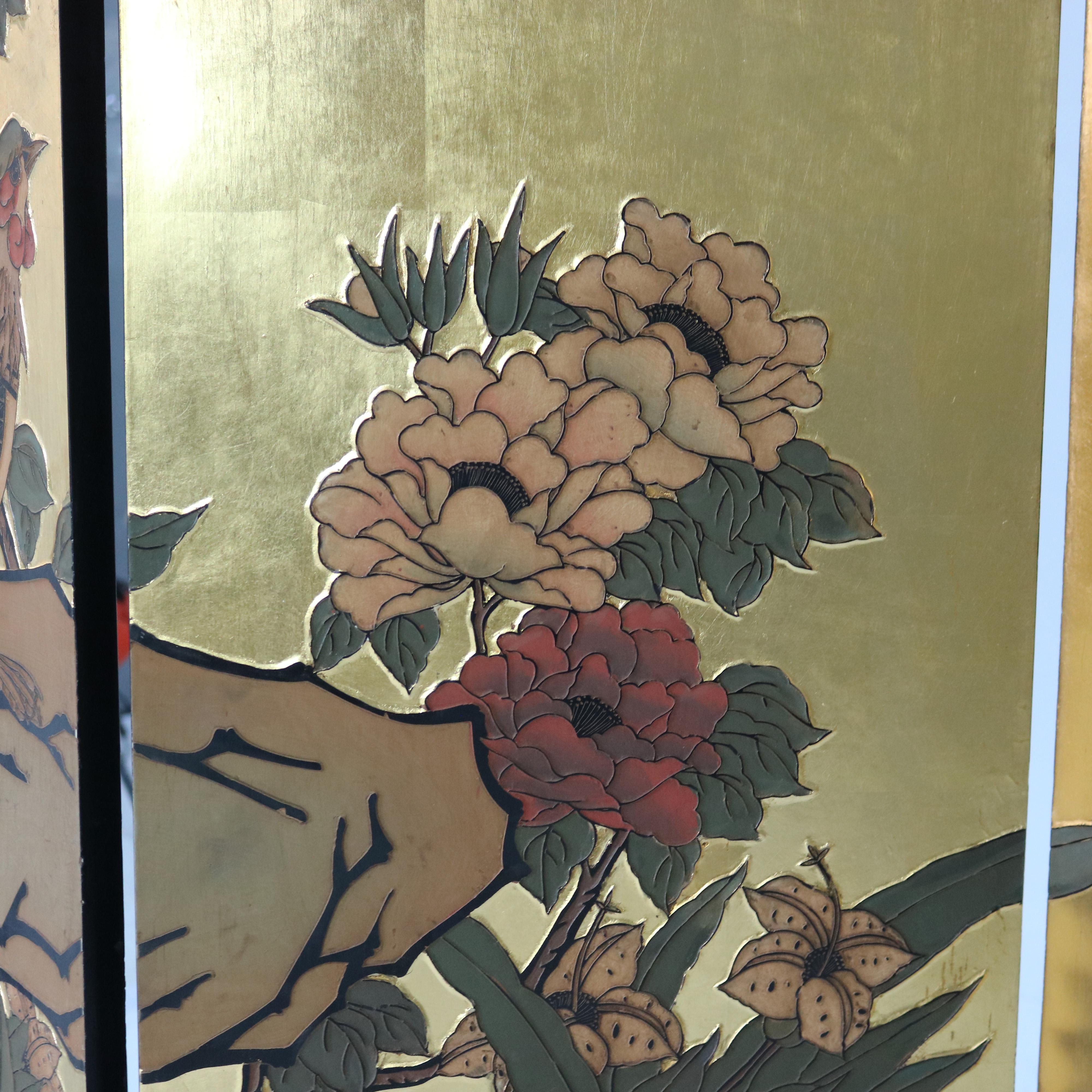 Vintage Japanese Black Lacquered, Gilt & Polychromed Four Panel Folding Screen 6