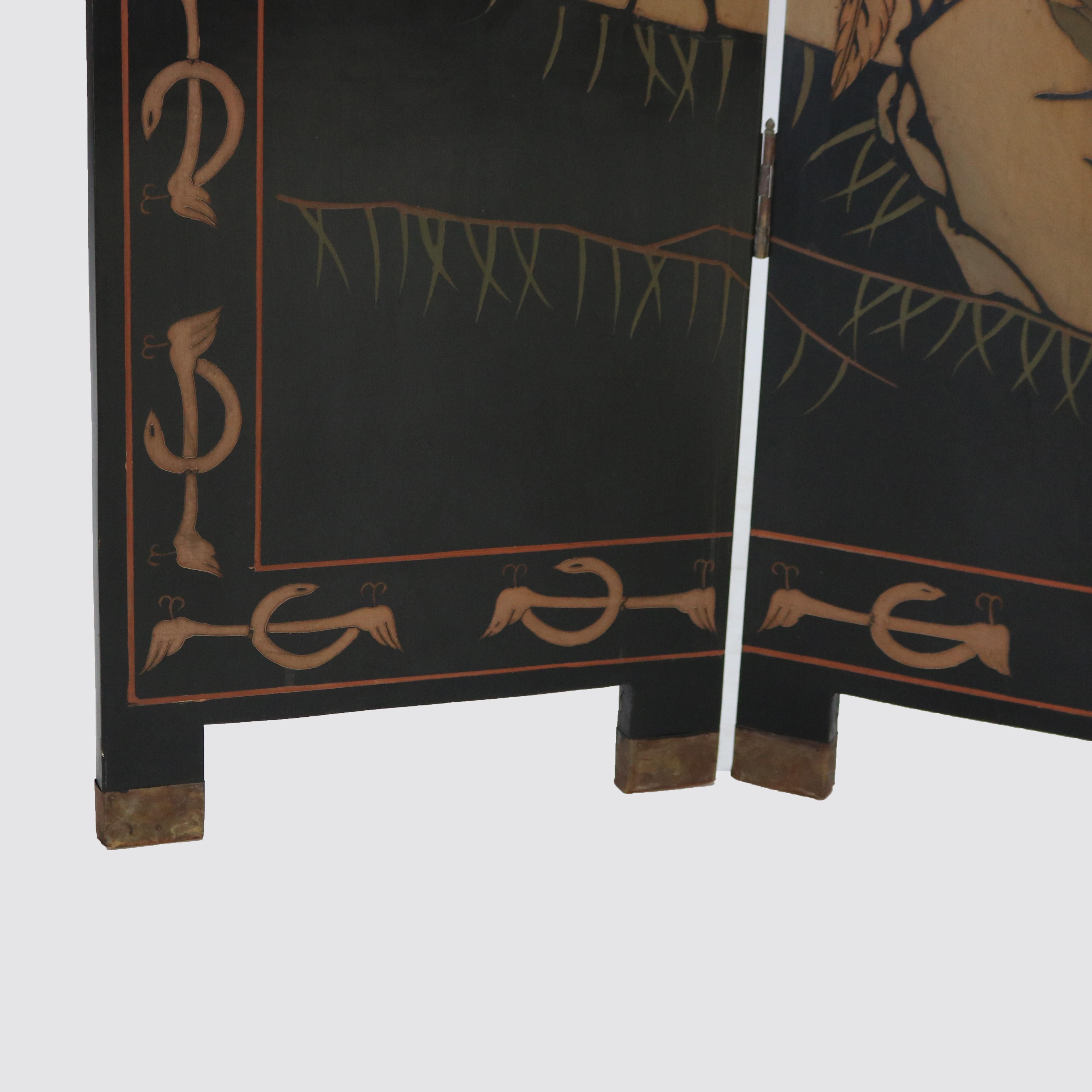 Vintage Japanese Black Lacquered, Gilt & Polychromed Four Panel Folding Screen 7